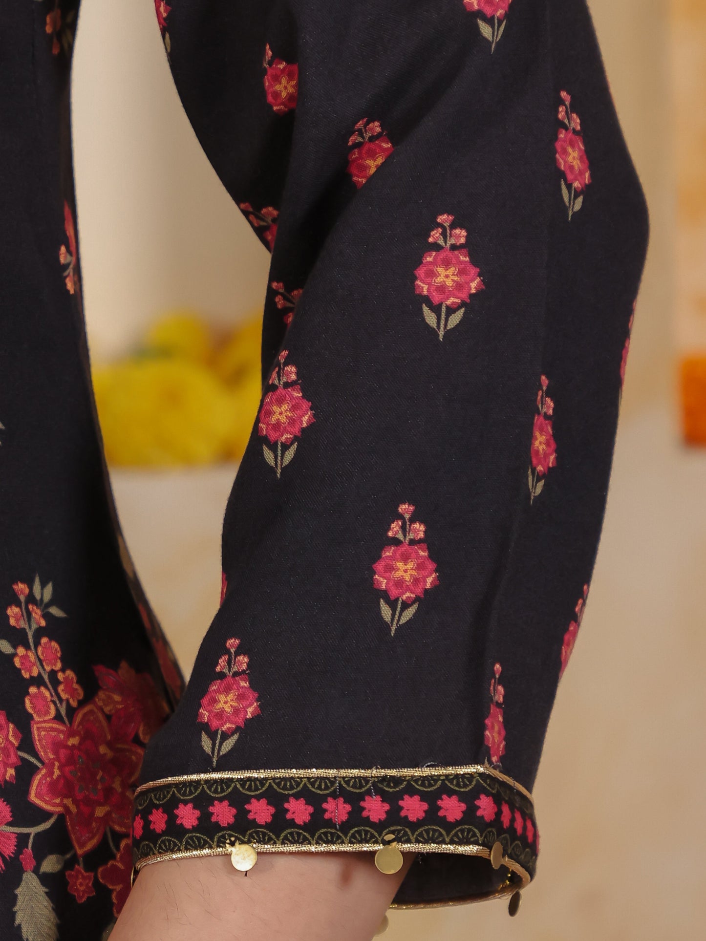 Embroidered Viscose Floral Flared Black Kurta