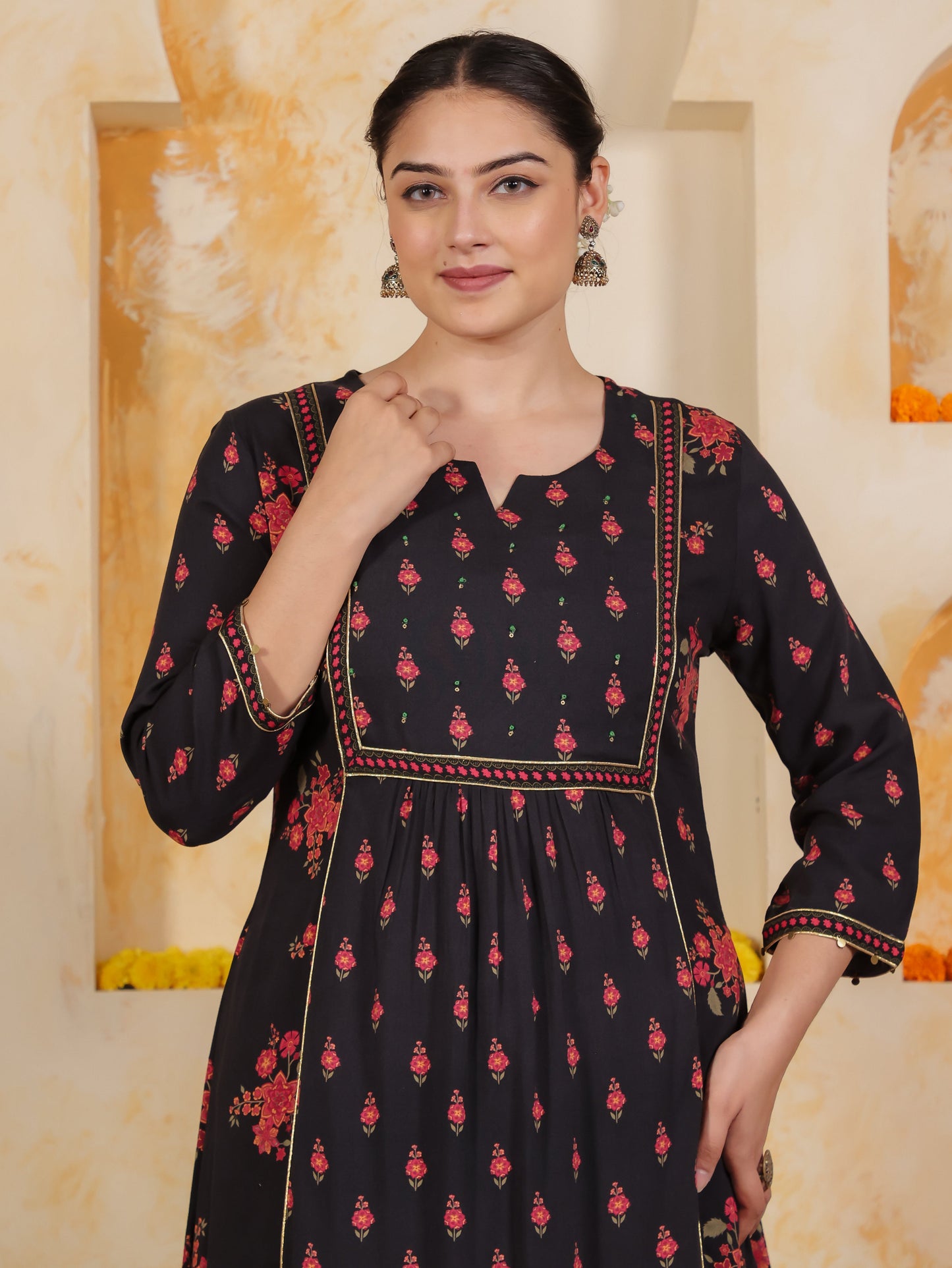 Embroidered Viscose Floral Flared Black Kurta