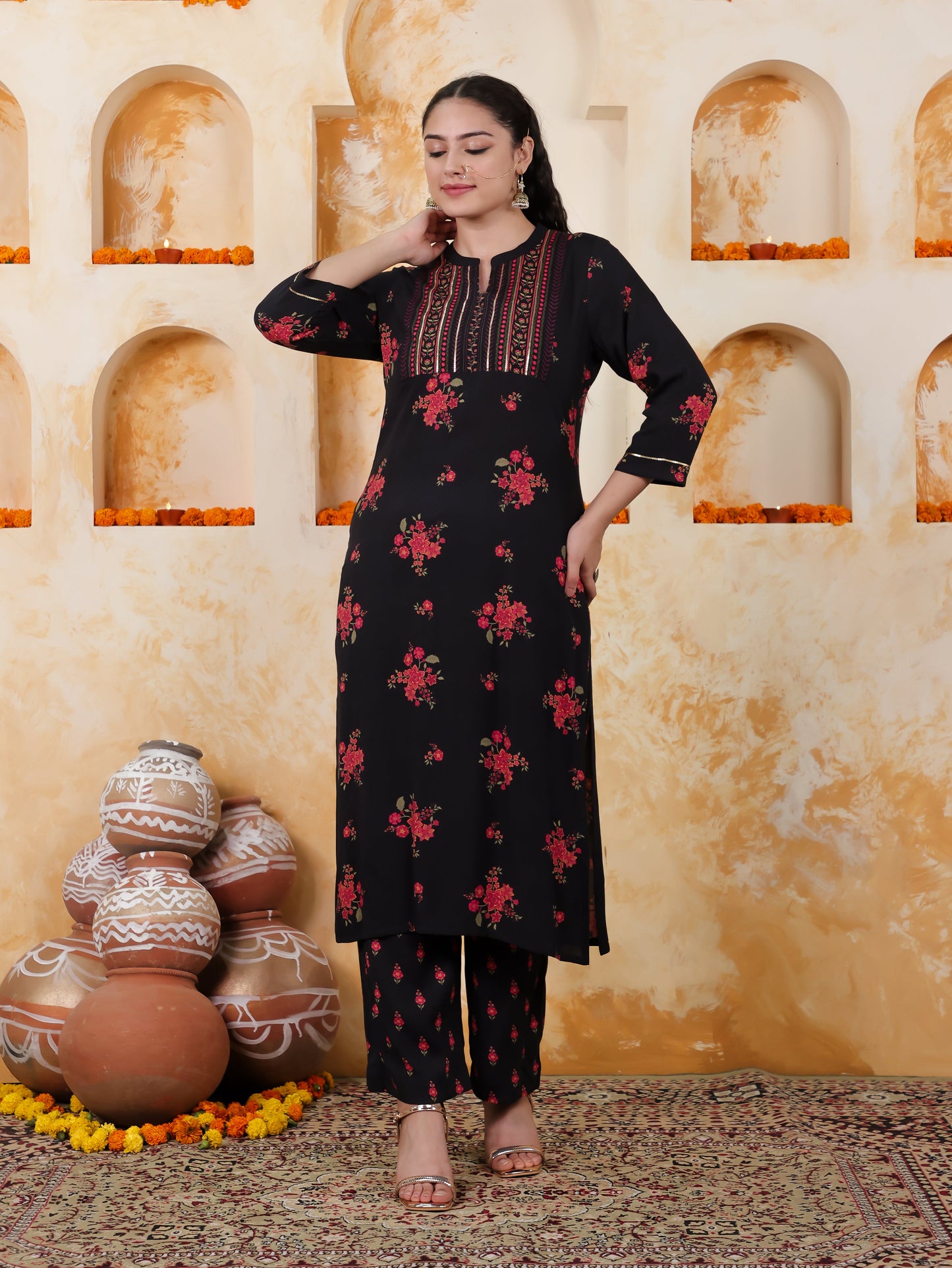 Embroidered Viscose Floral Straight Black Kurta