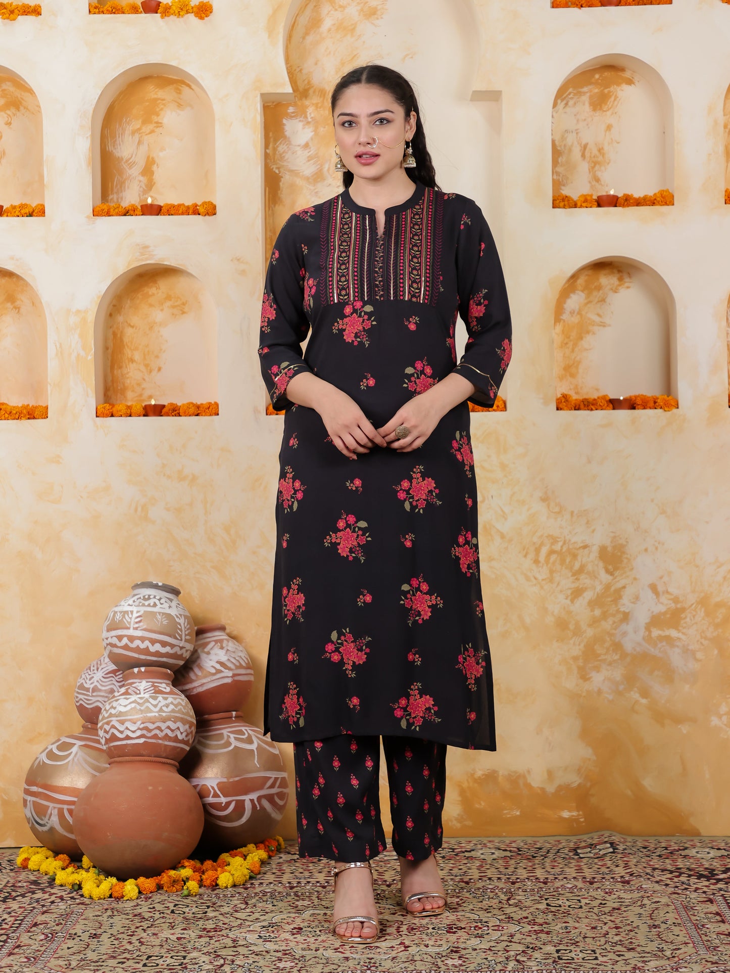 Embroidered Viscose Floral Straight Black Kurta