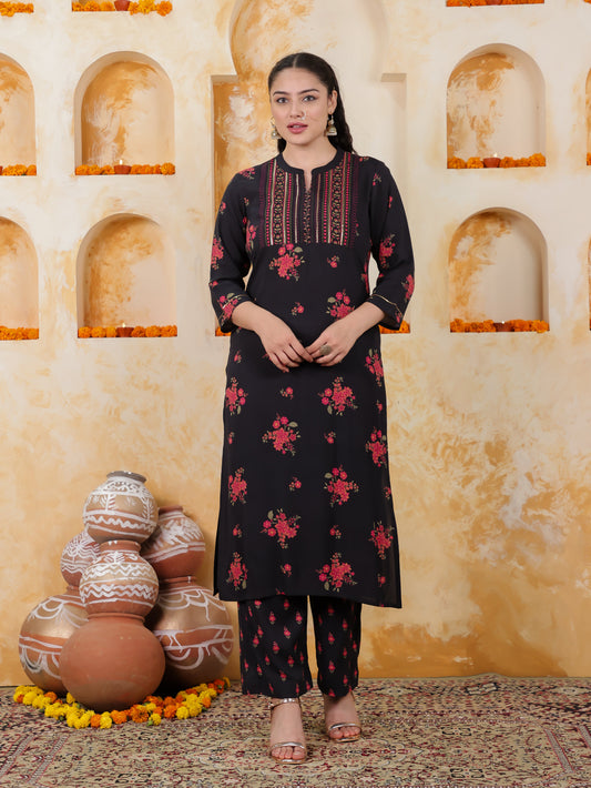 Embroidered Viscose Floral Straight Black Kurta