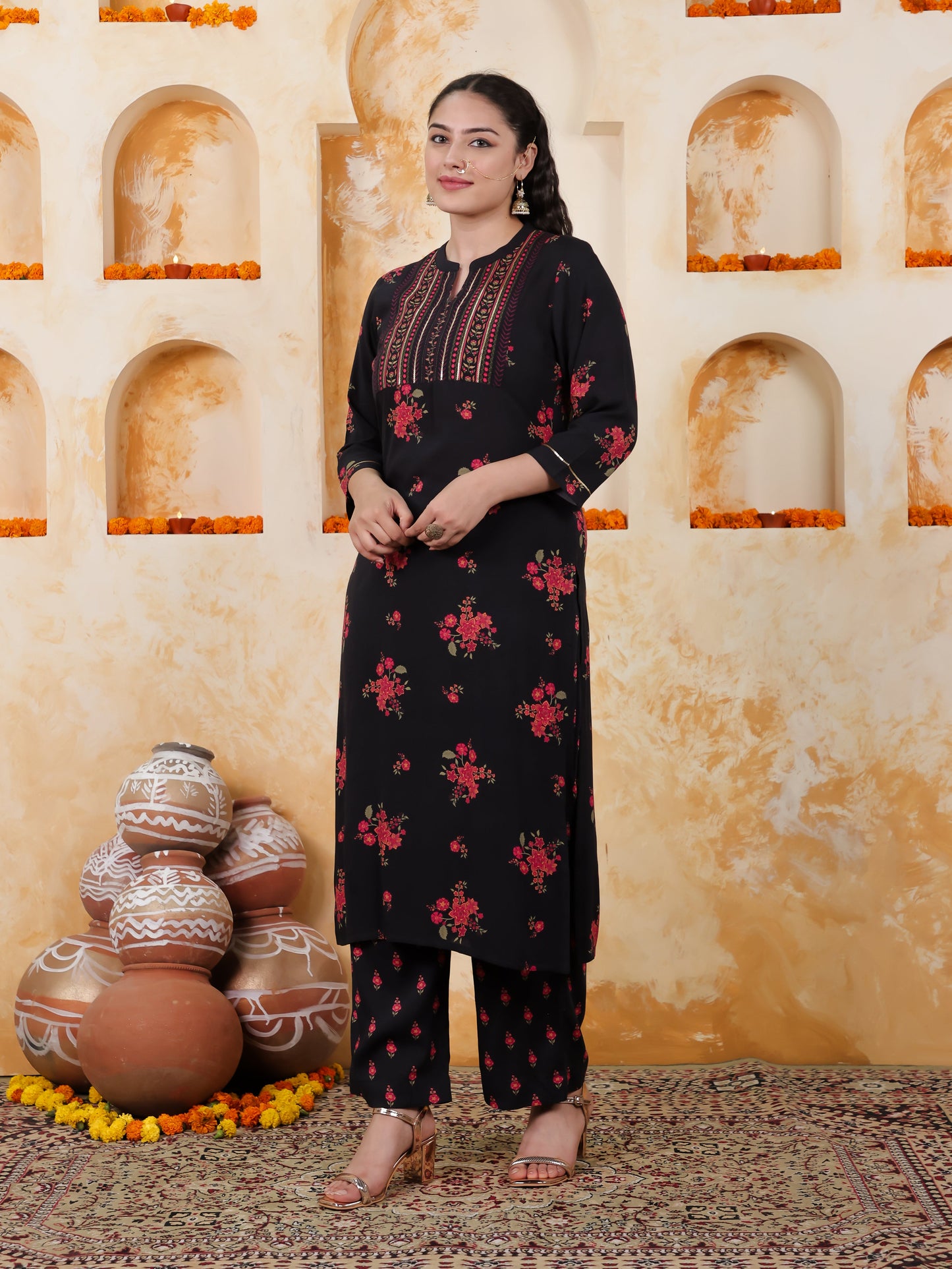 Embroidered Viscose Floral Straight Black Kurta