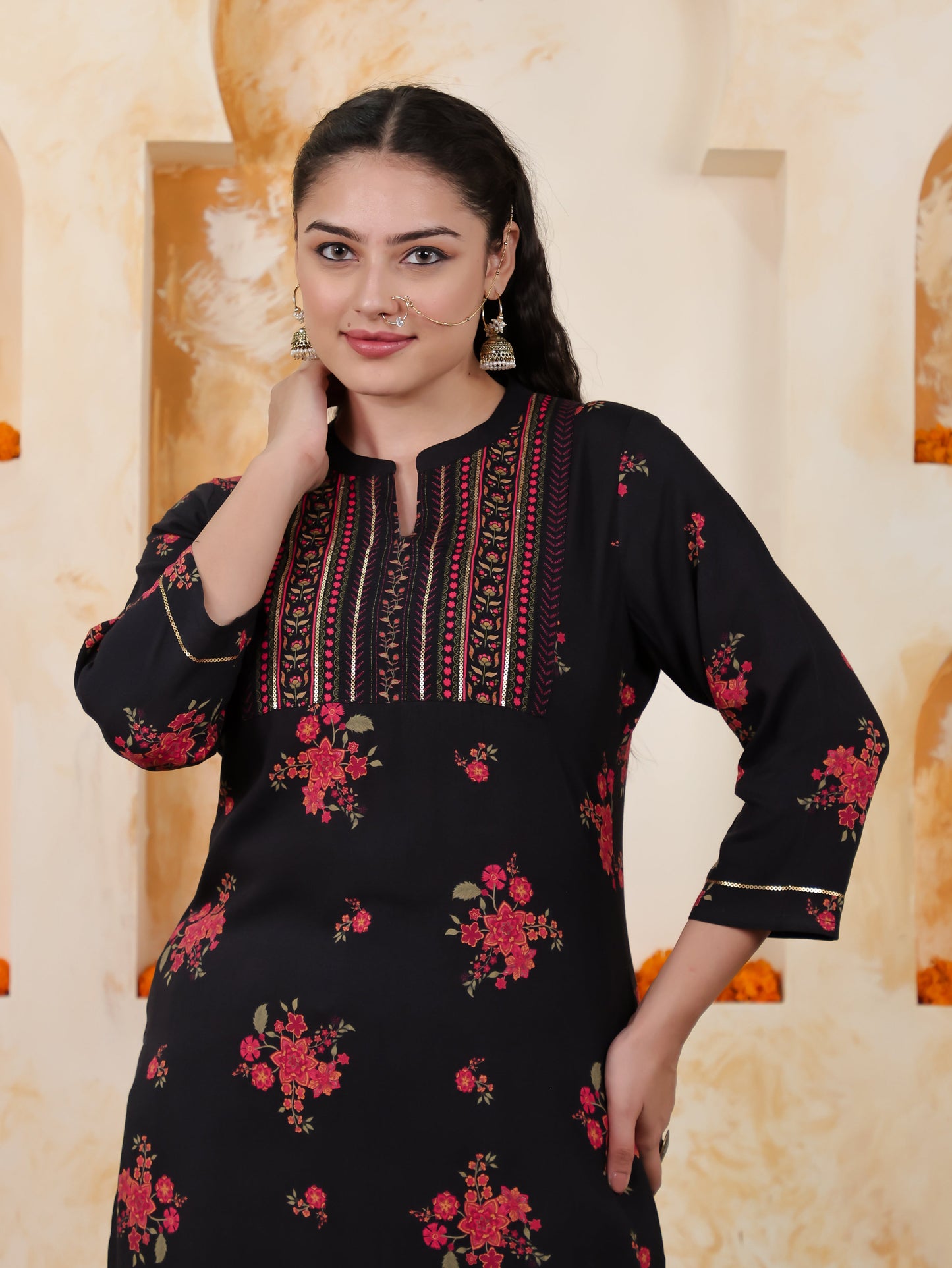 Embroidered Viscose Floral Straight Black Kurta