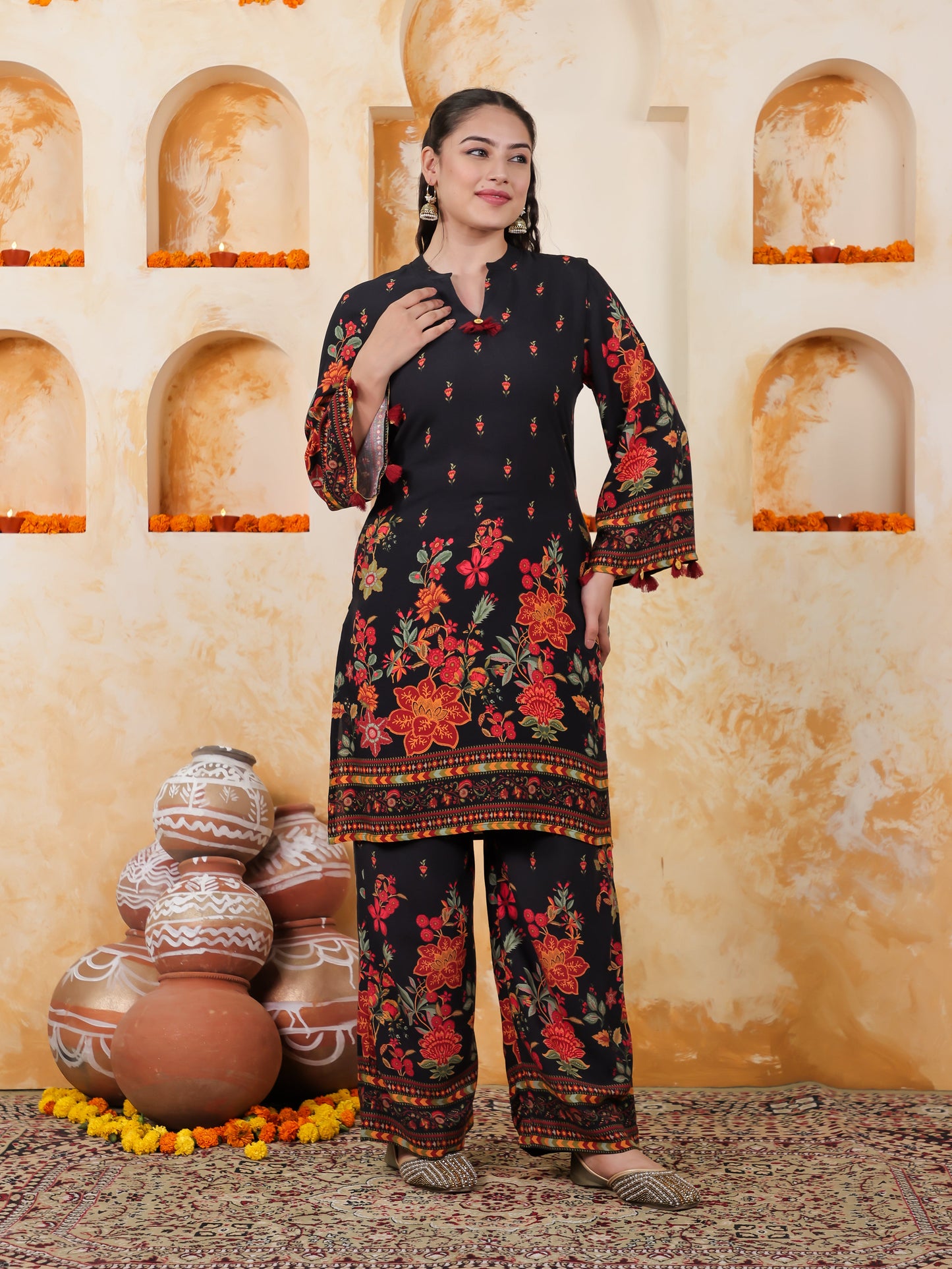 Viscose Placement Print Straight Black Kurta