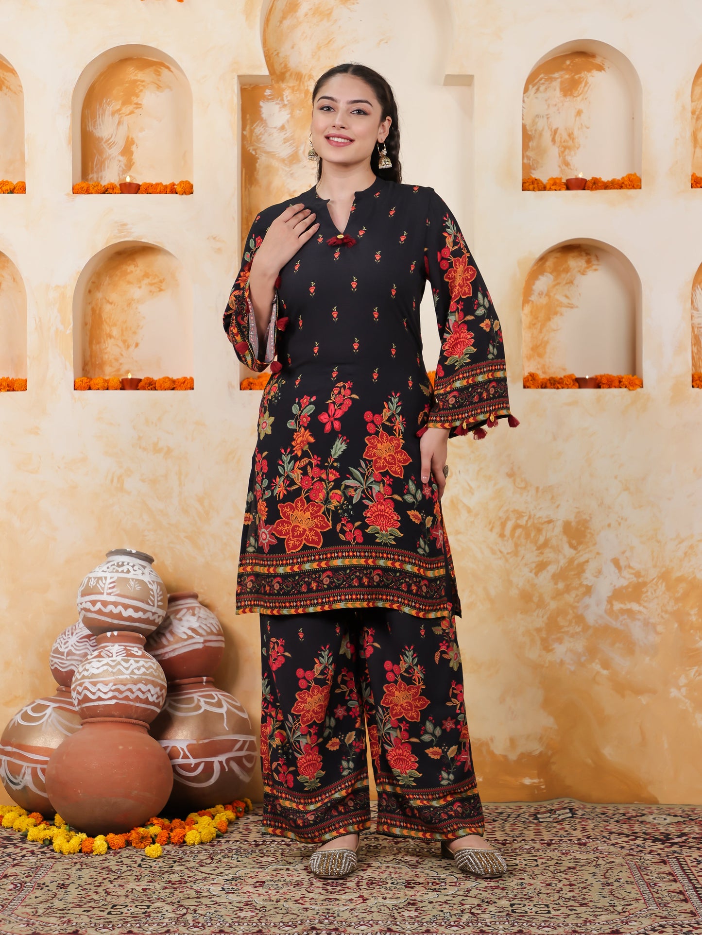 Viscose Placement Print Straight Black Kurta