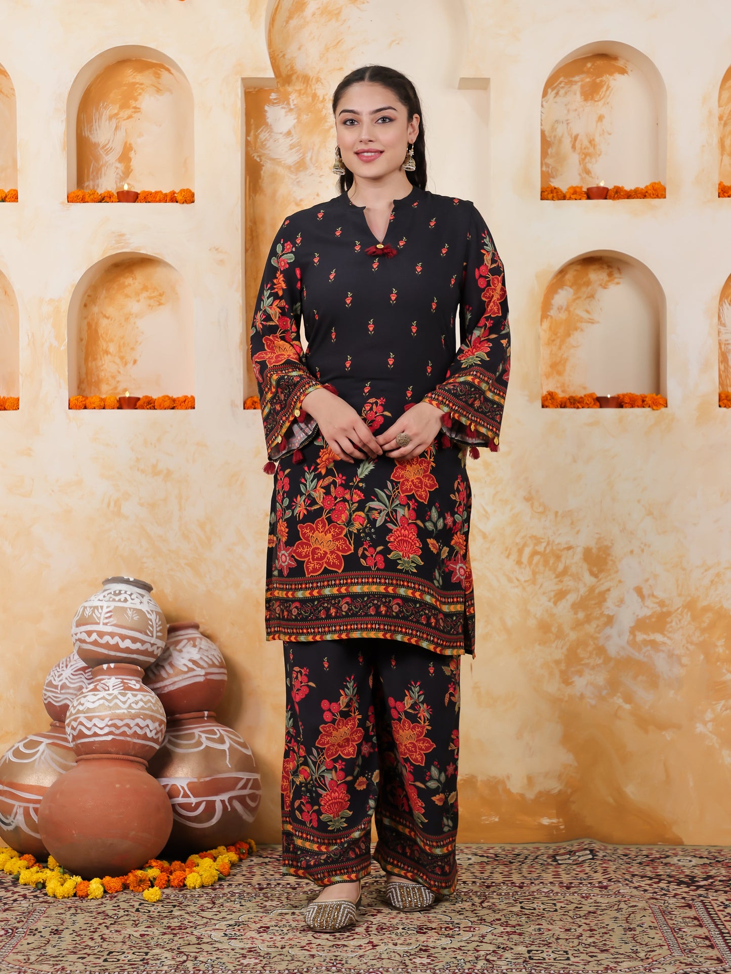 Viscose Placement Print Straight Black Kurta