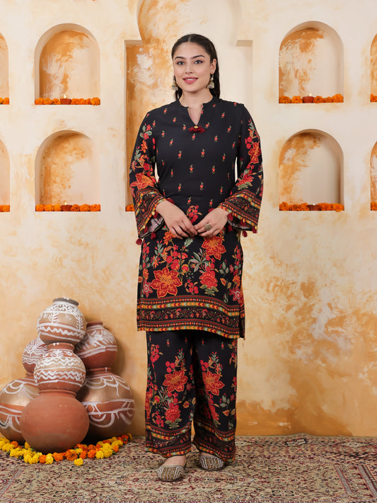 Viscose Placement Print Straight Black Kurta