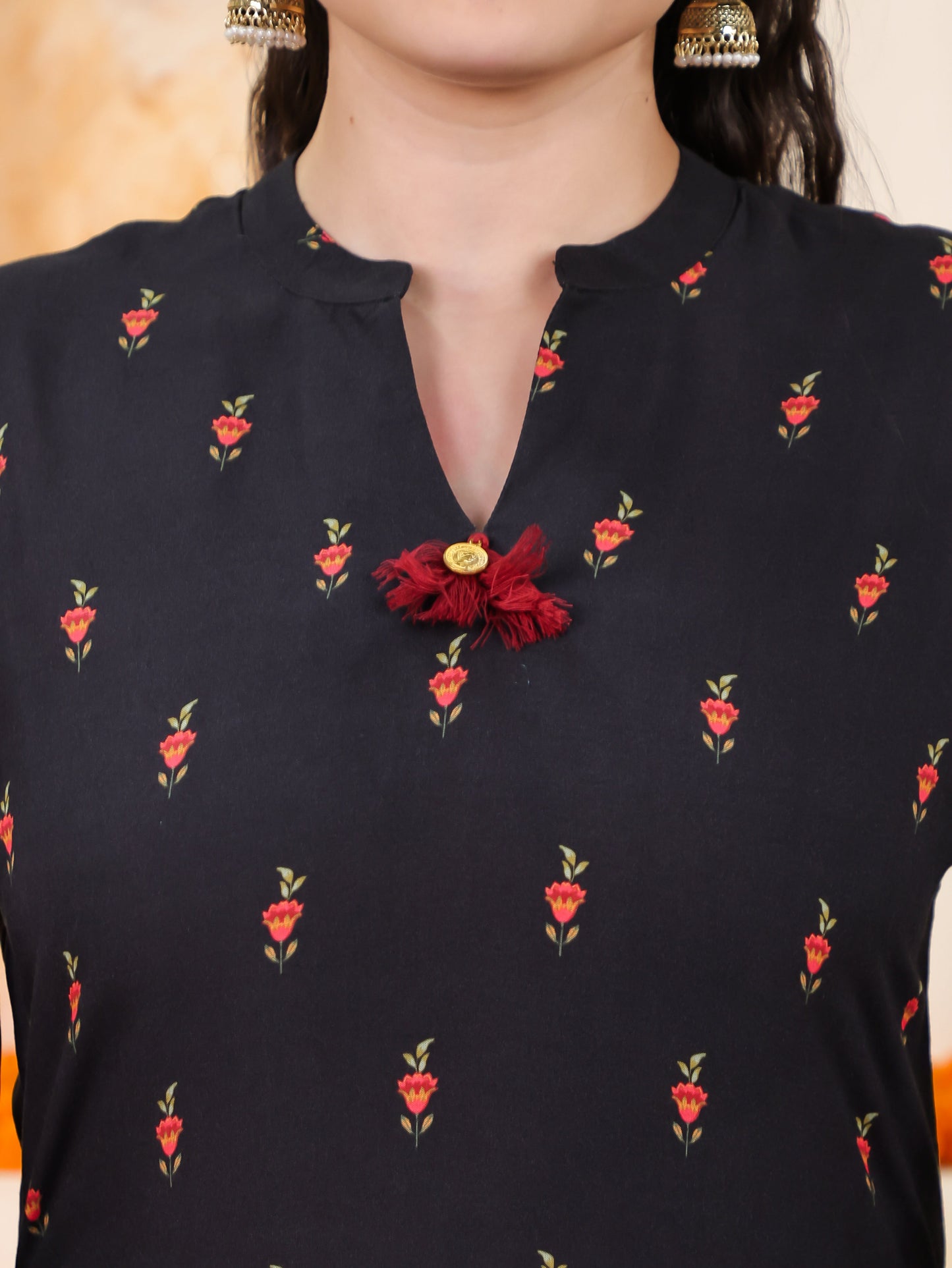 Viscose Placement Print Straight Black Kurta