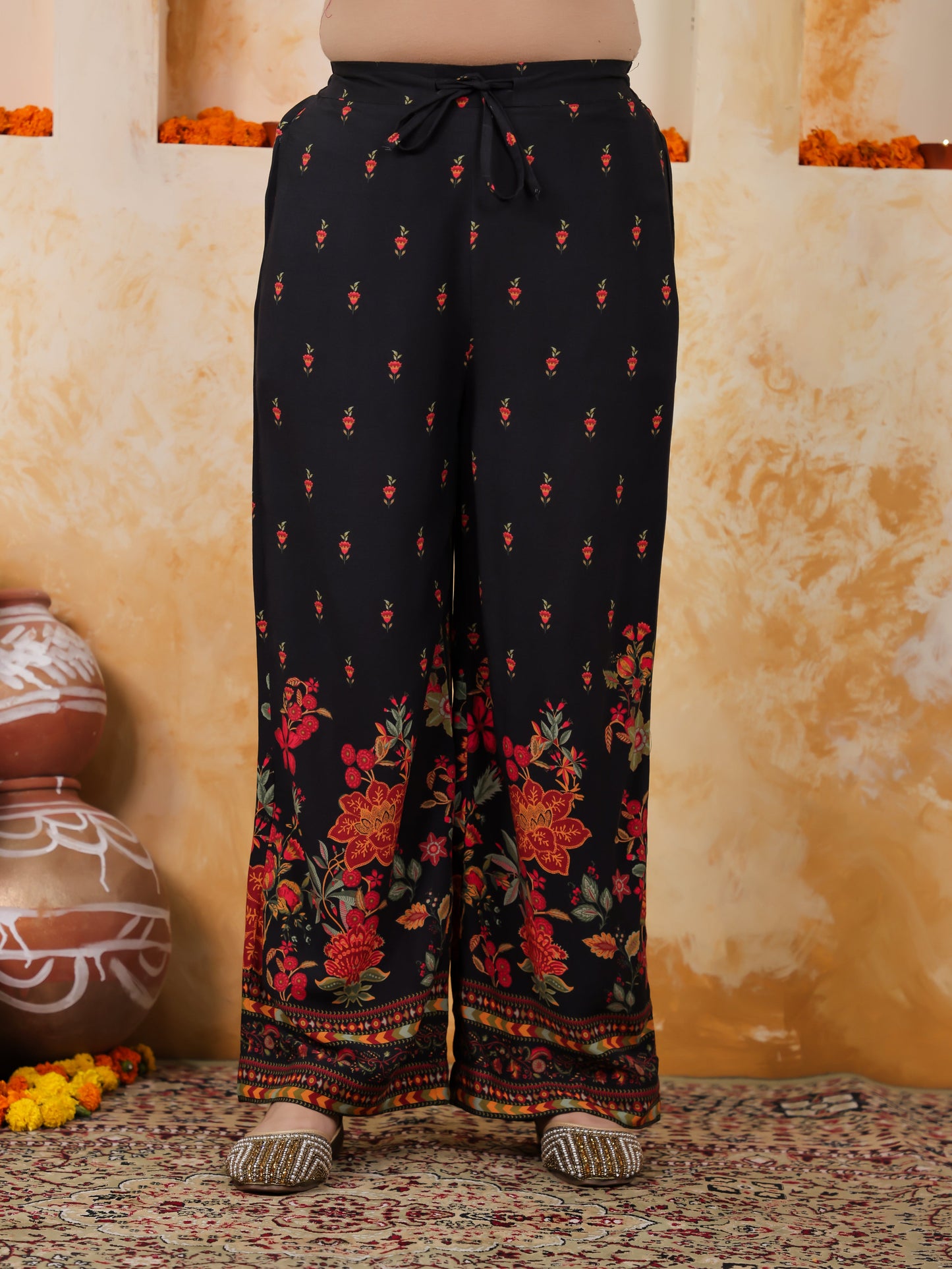 Viscose Placement Print Straight Black Kurta