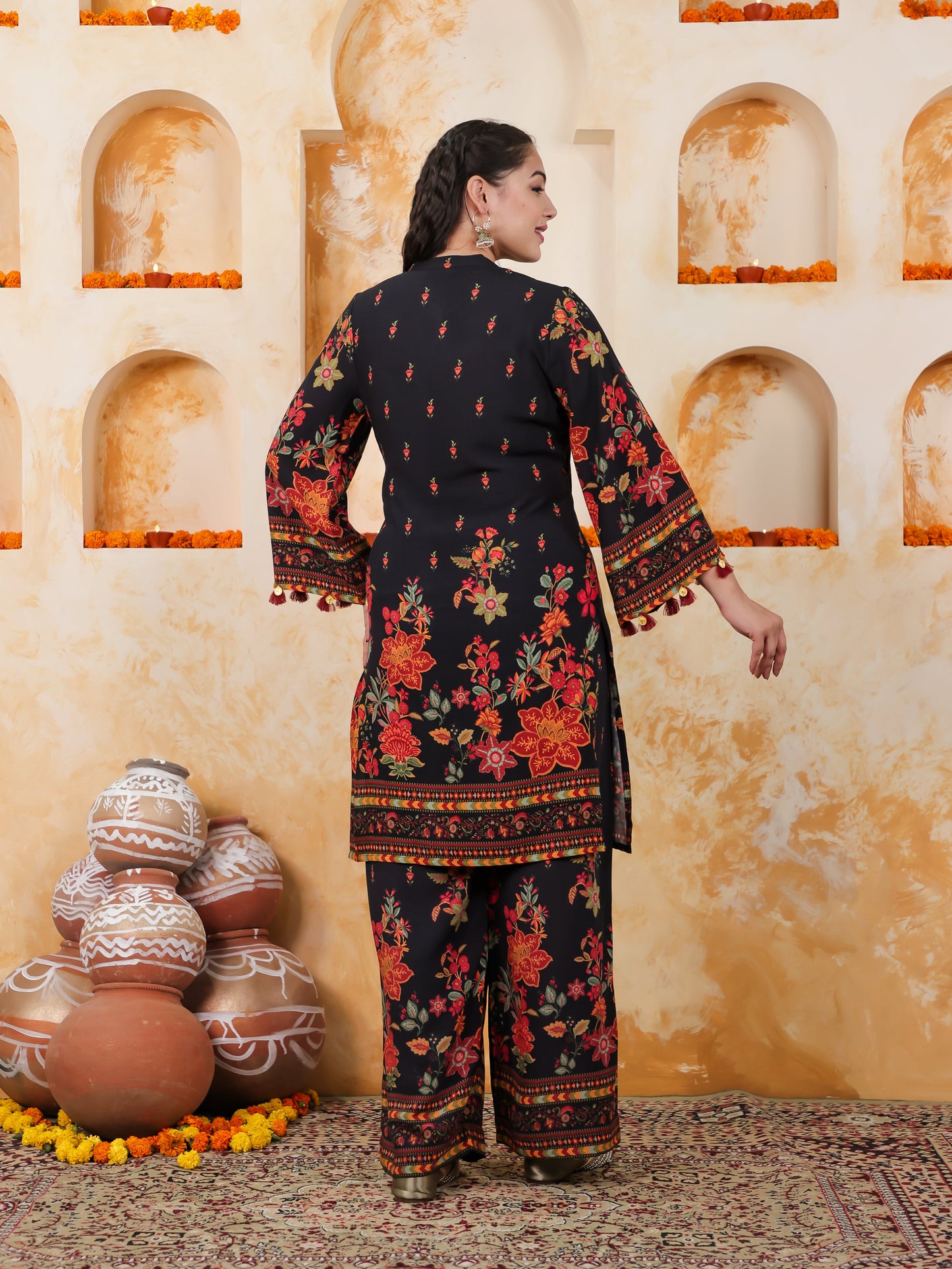 Viscose Placement Print Straight Black Kurta