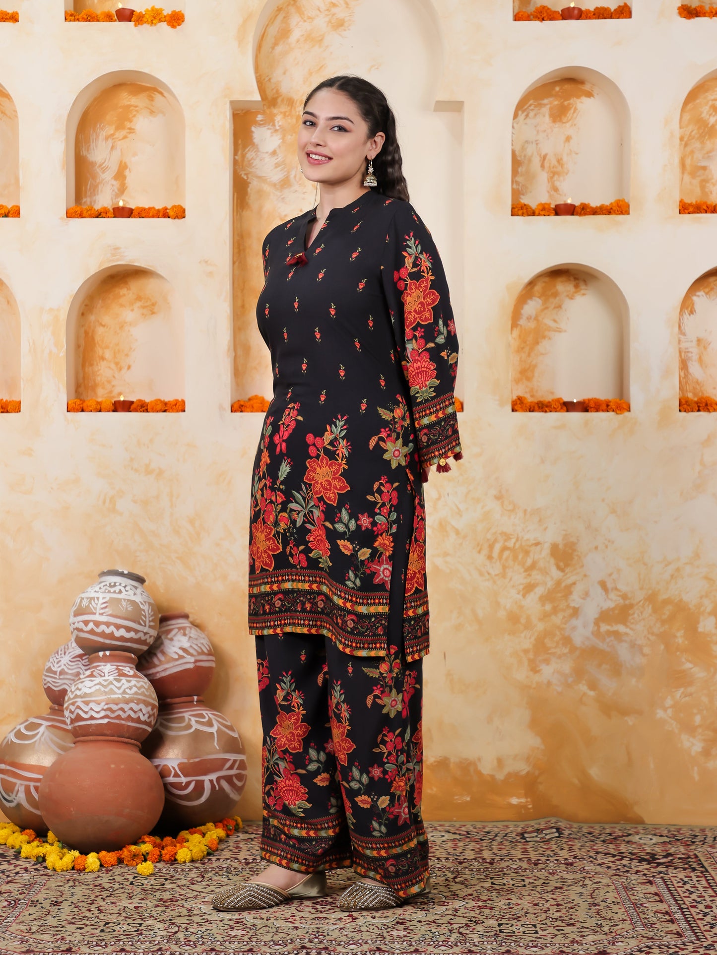 Viscose Placement Print Straight Black Kurta