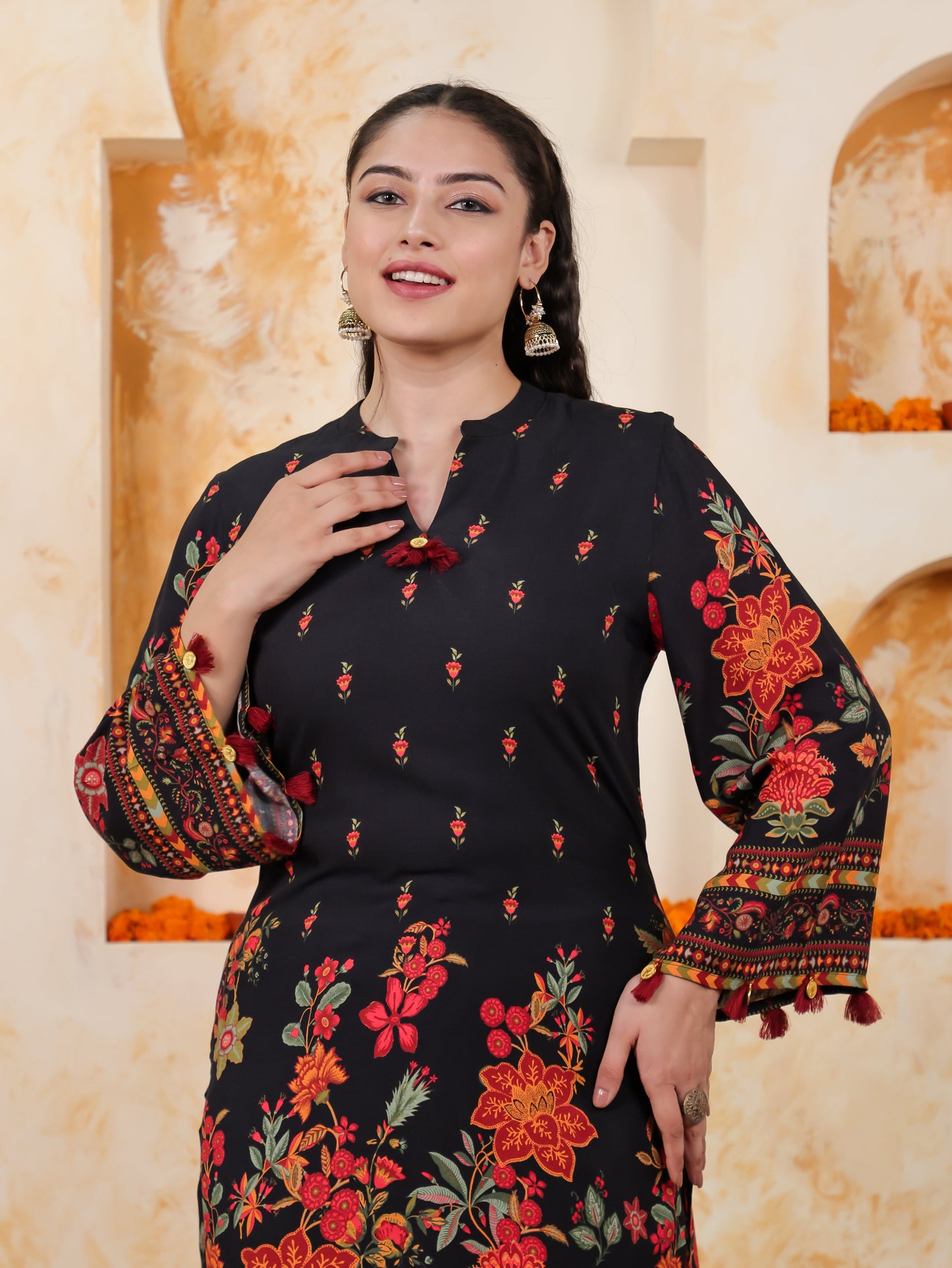 Viscose Placement Print Straight Black Kurta