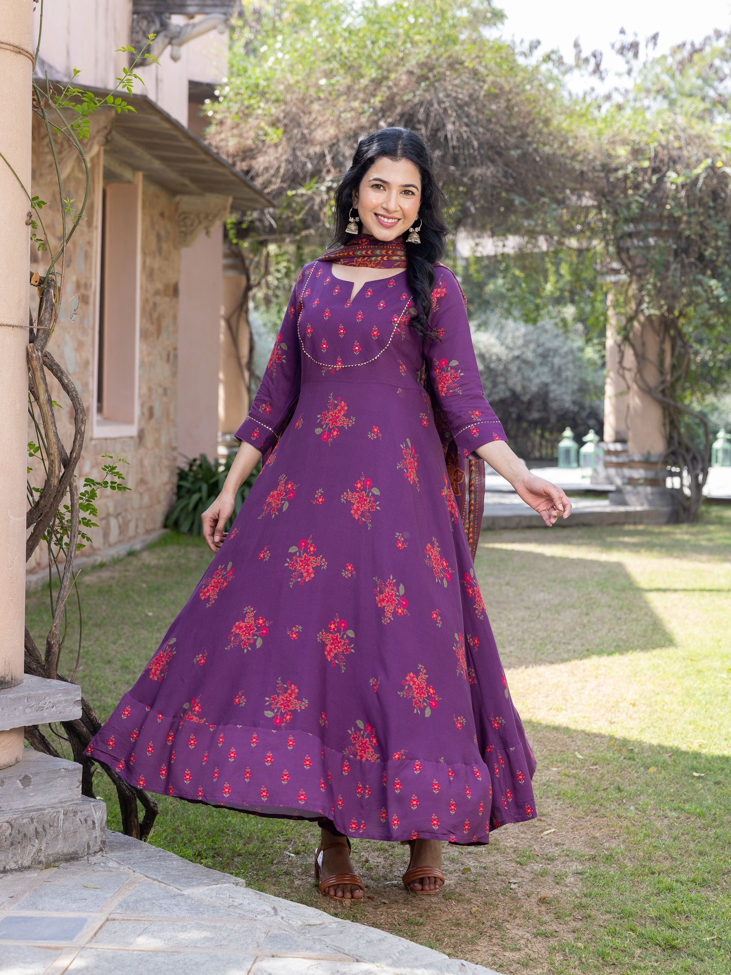 Cotton Voile Floral Maroon Dupatta