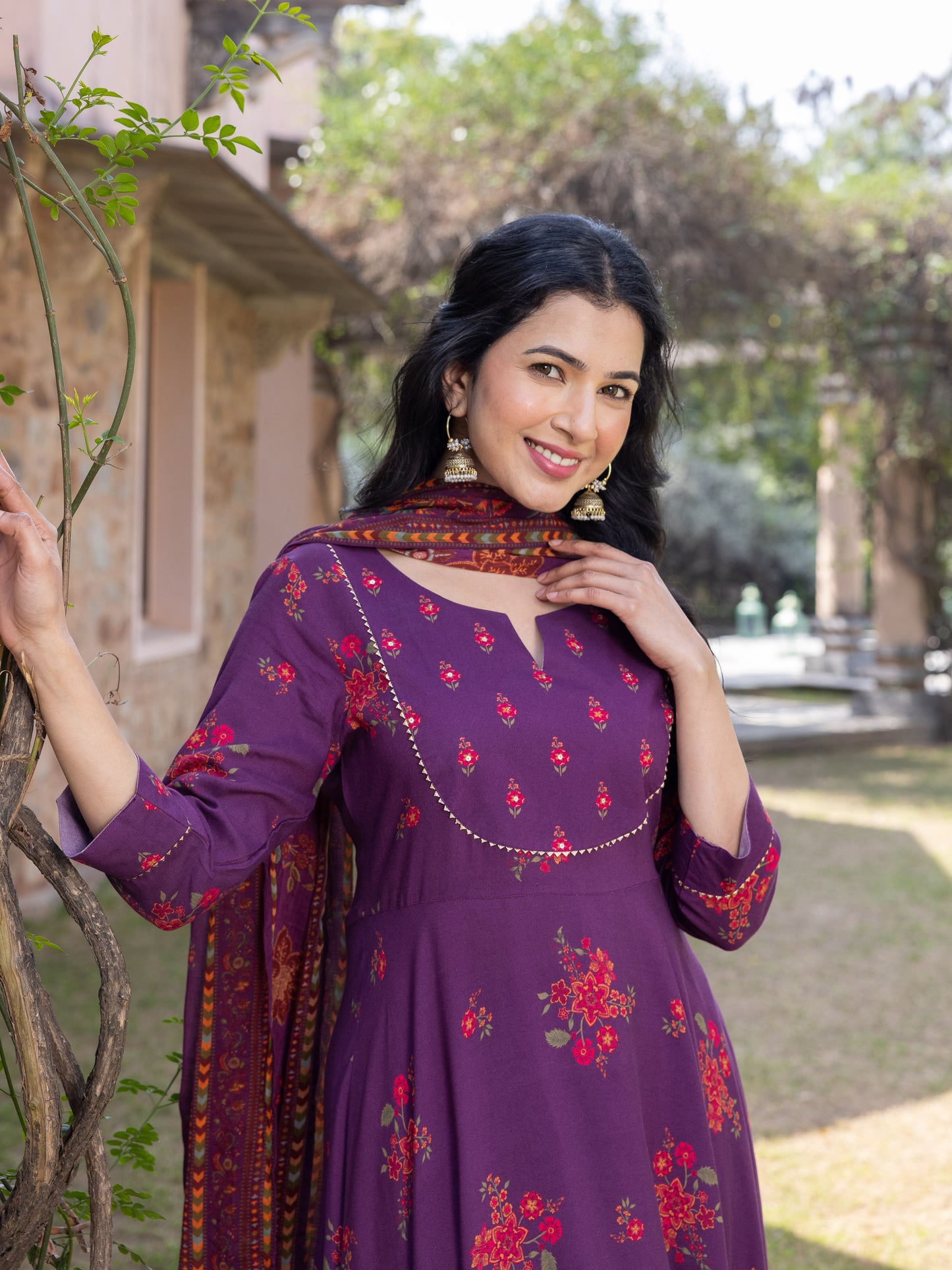 Embroidered Viscose Floral Anarkali Maroon Kurta