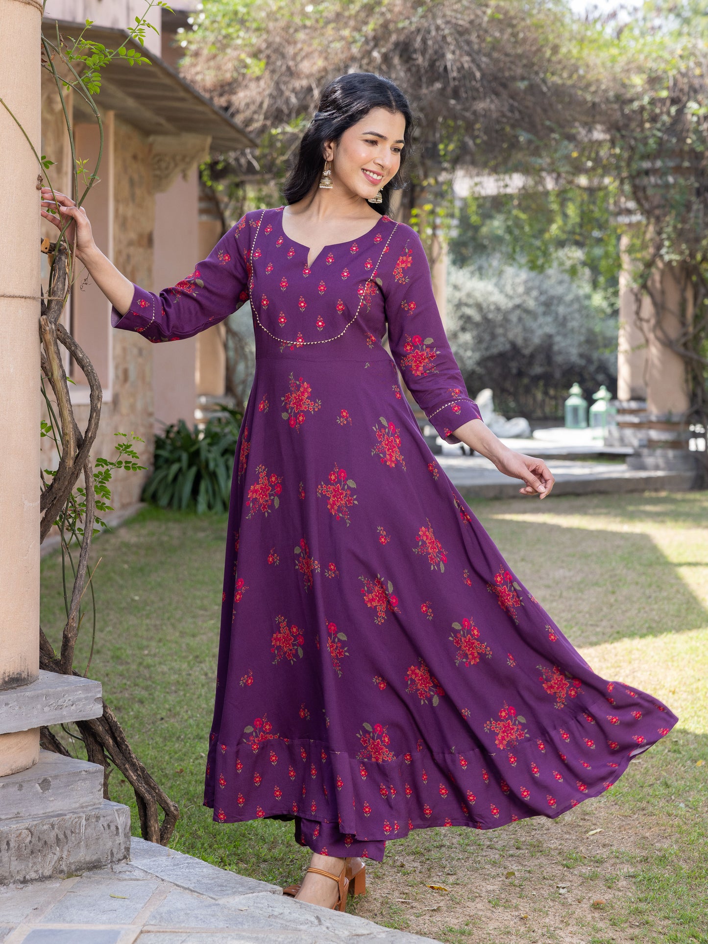 Embroidered Viscose Floral Anarkali Maroon Kurta