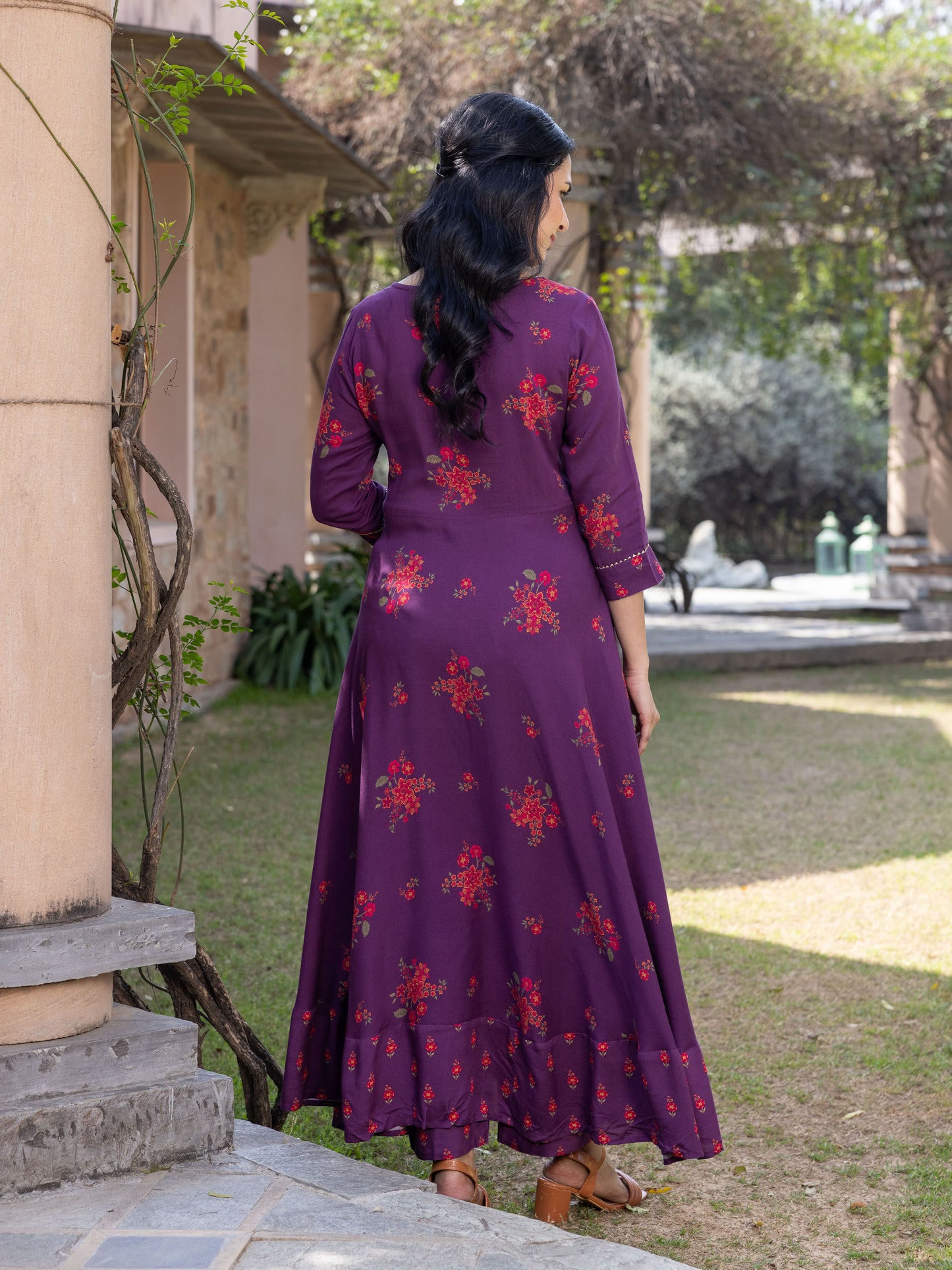 Embroidered Viscose Floral Anarkali Maroon Kurta