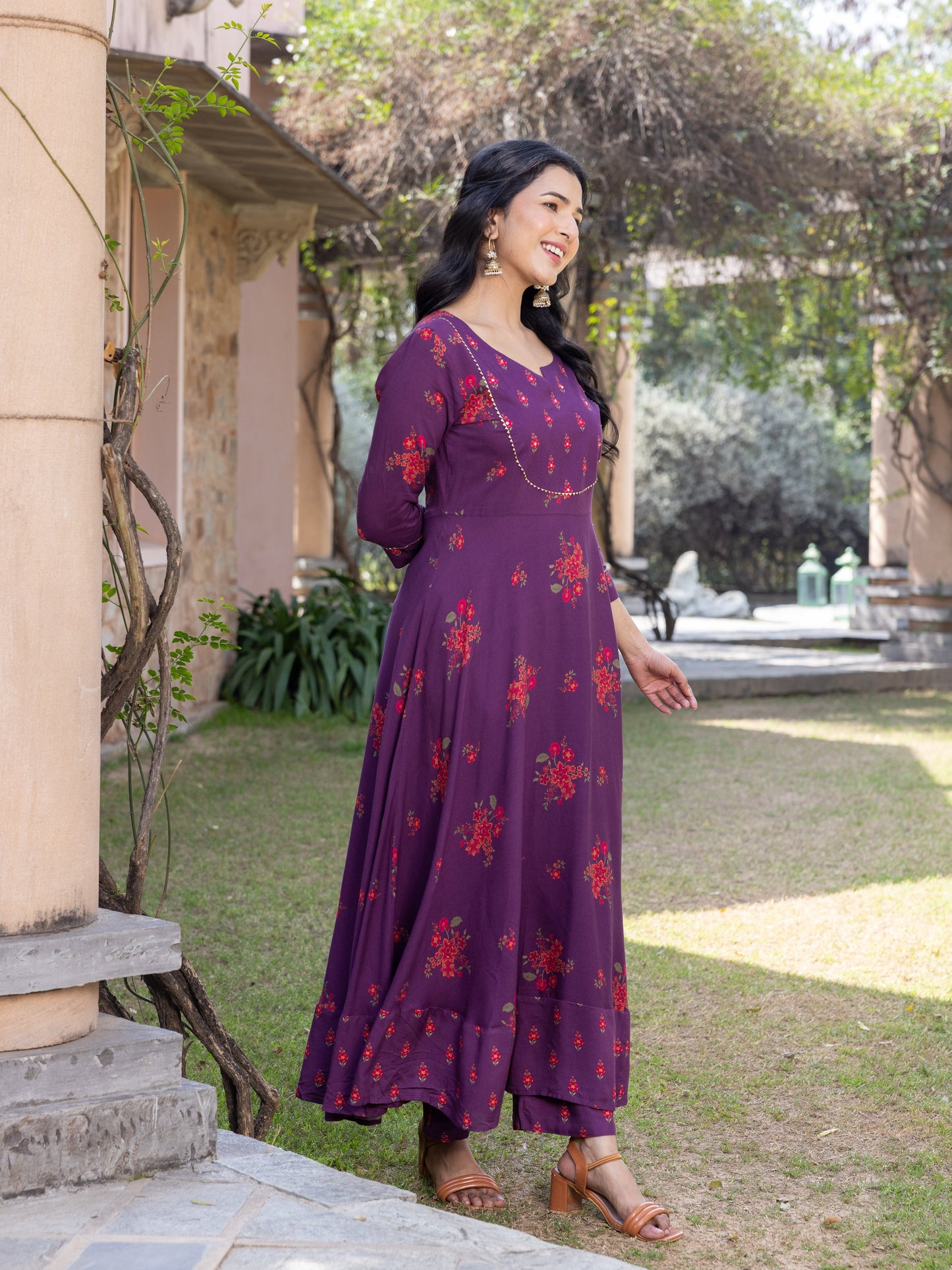 Embroidered Viscose Floral Anarkali Maroon Kurta