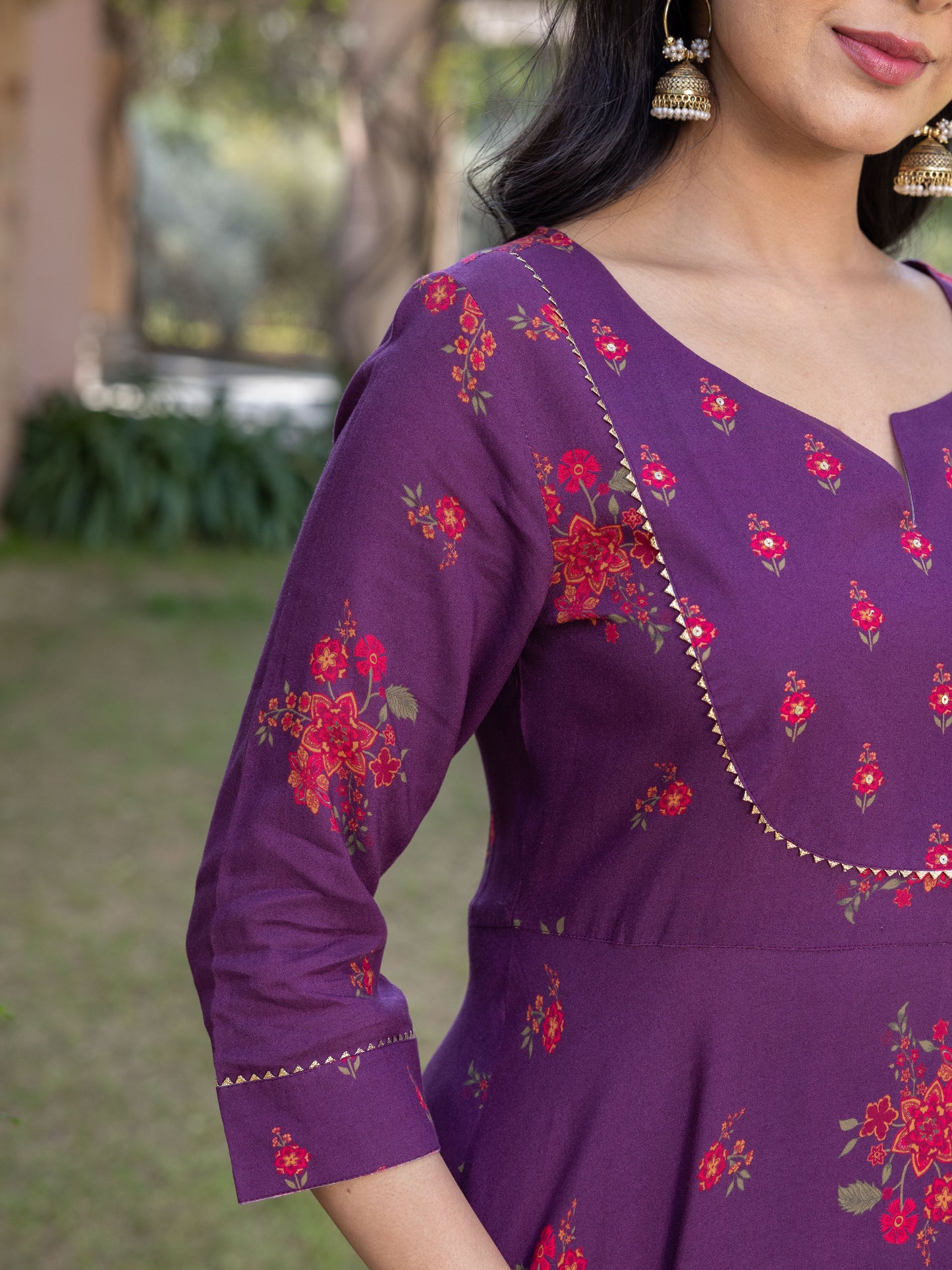 Embroidered Viscose Floral Anarkali Maroon Kurta