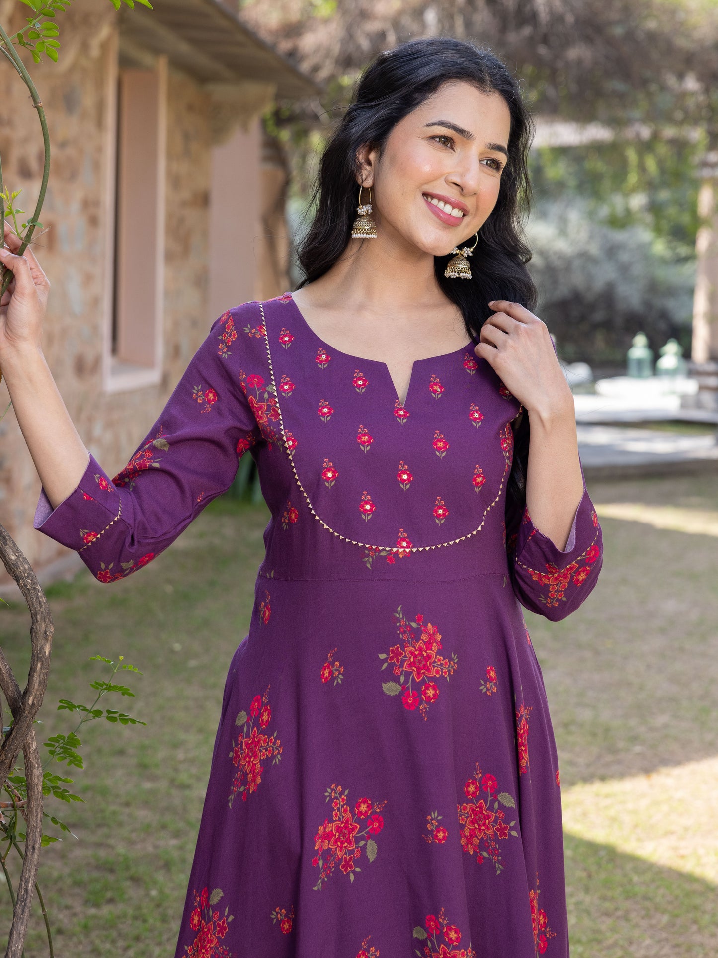 Embroidered Viscose Floral Anarkali Maroon Kurta