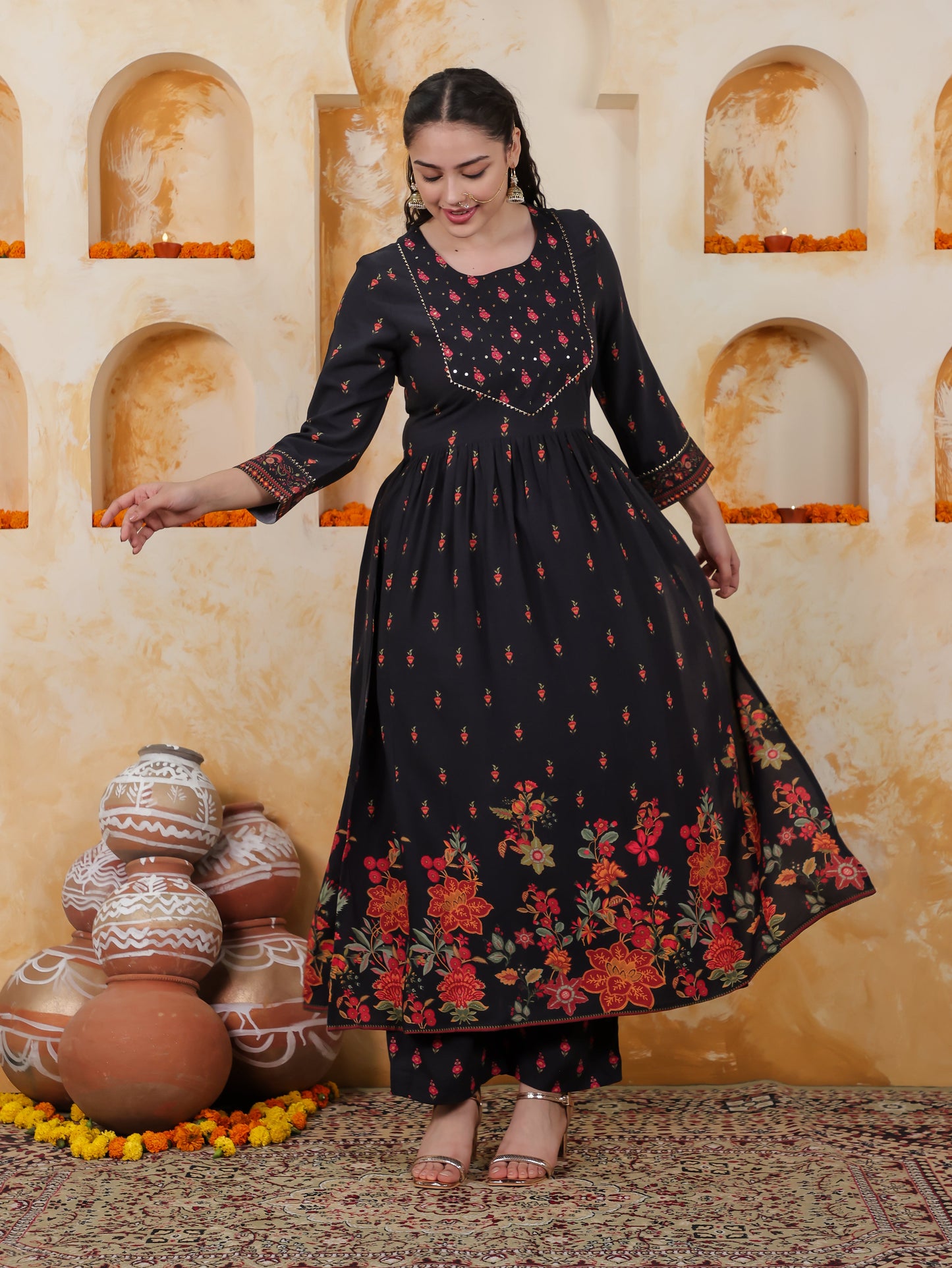 Viscose Floral Flared Black Kurta