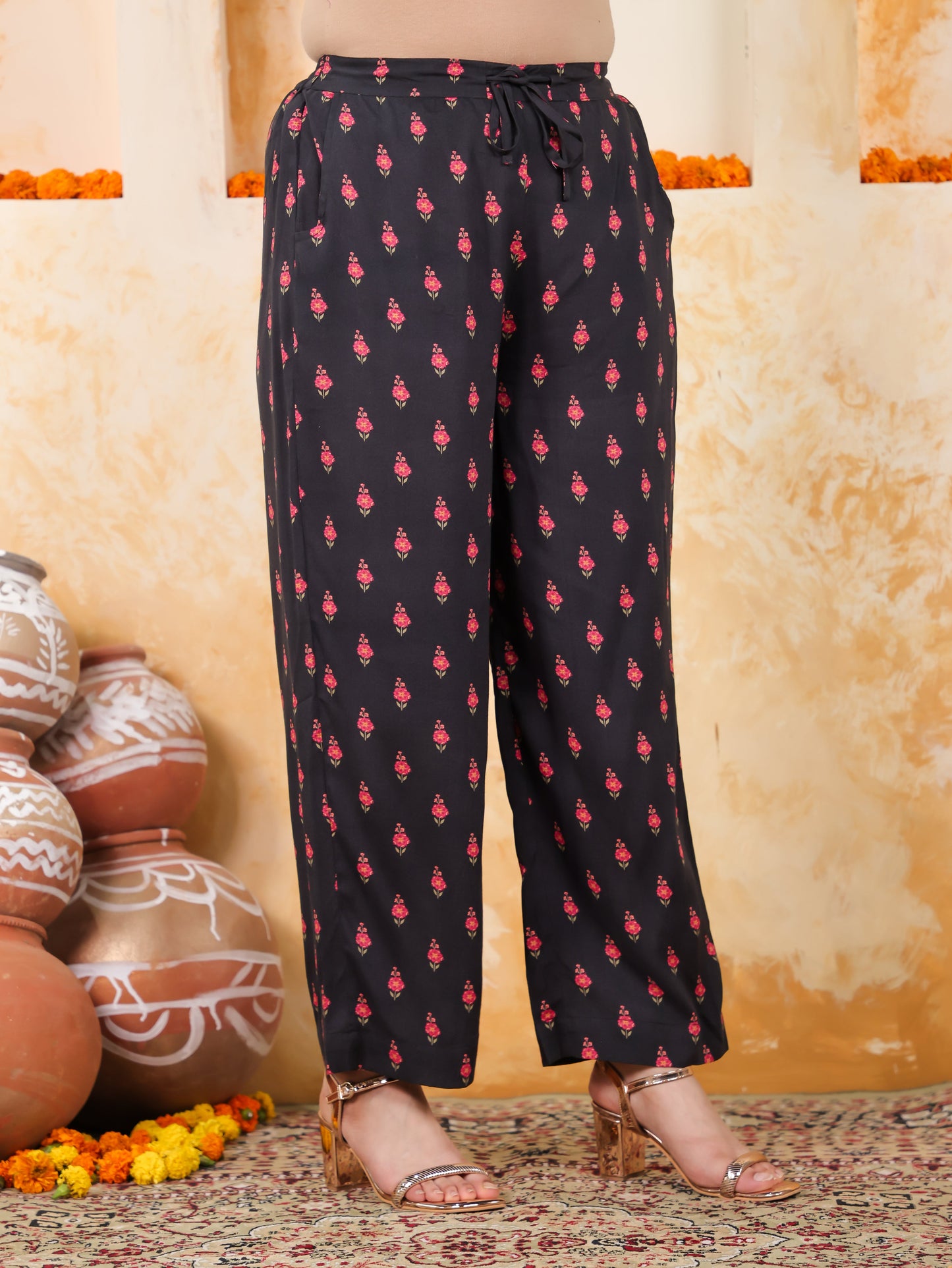 Viscose Floral Flared Black Kurta