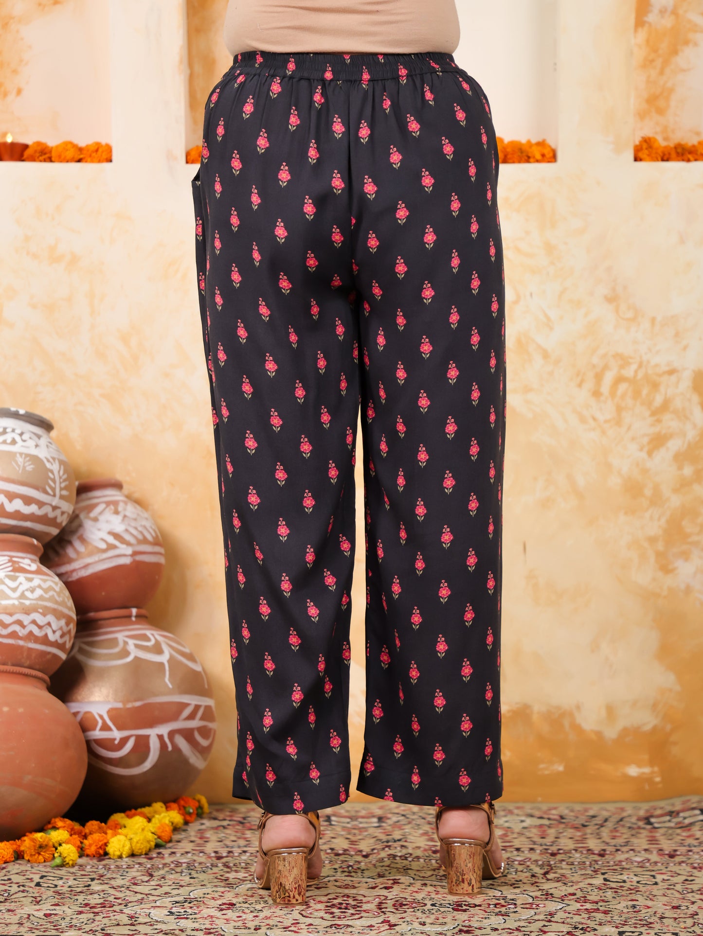 Viscose Floral Flared Black Kurta