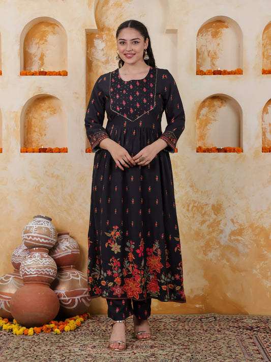 Viscose Floral Flared Black Kurta