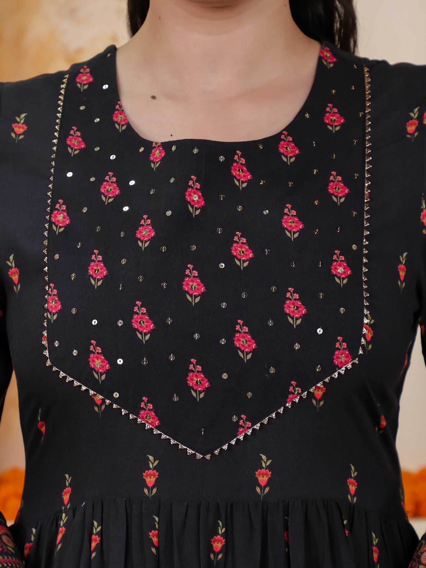 Viscose Floral Flared Black Kurta