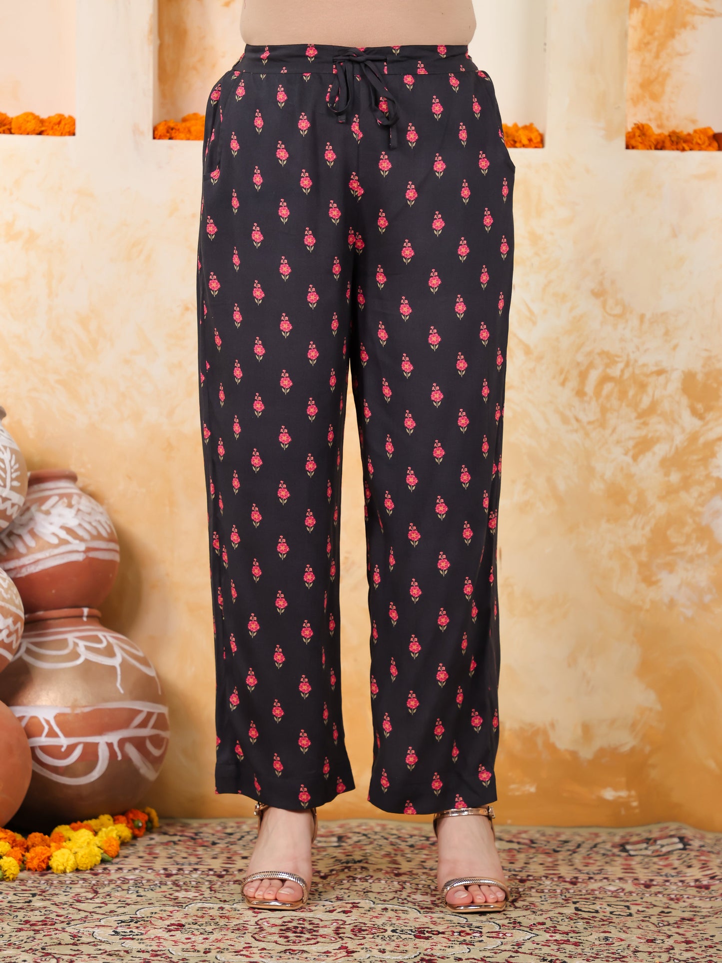 Viscose Floral Flared Black Kurta