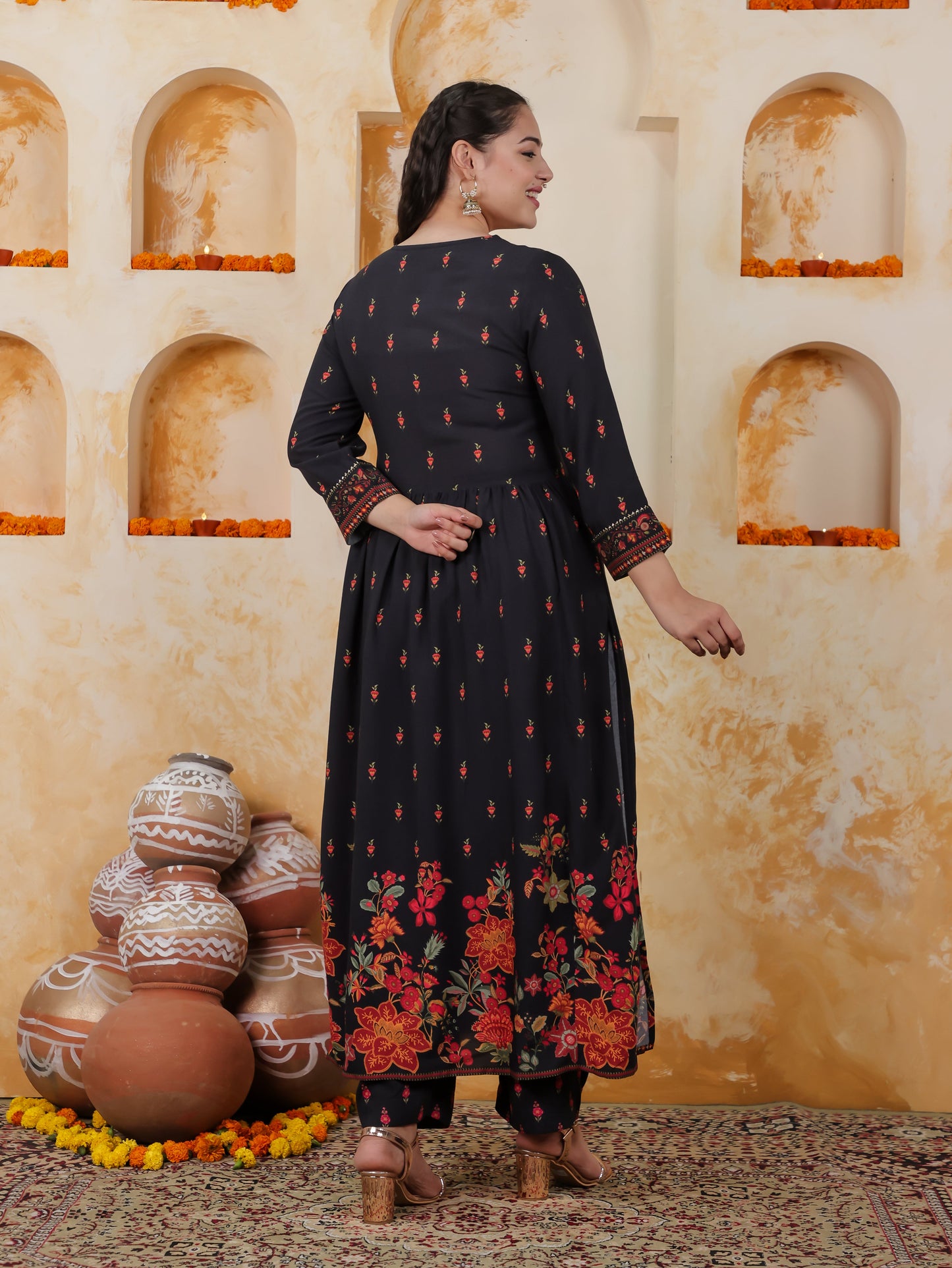 Viscose Floral Flared Black Kurta
