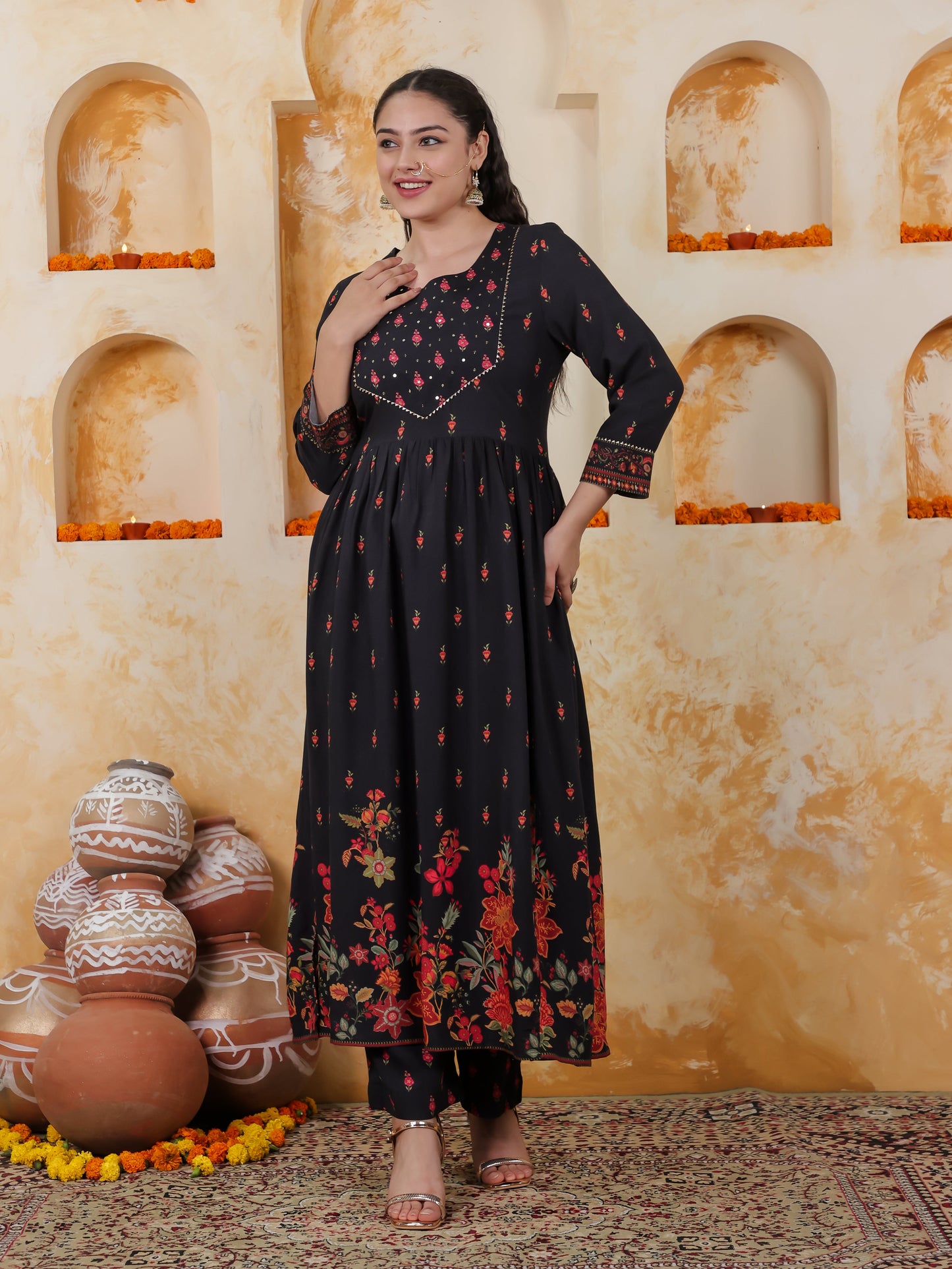 Viscose Floral Flared Black Kurta
