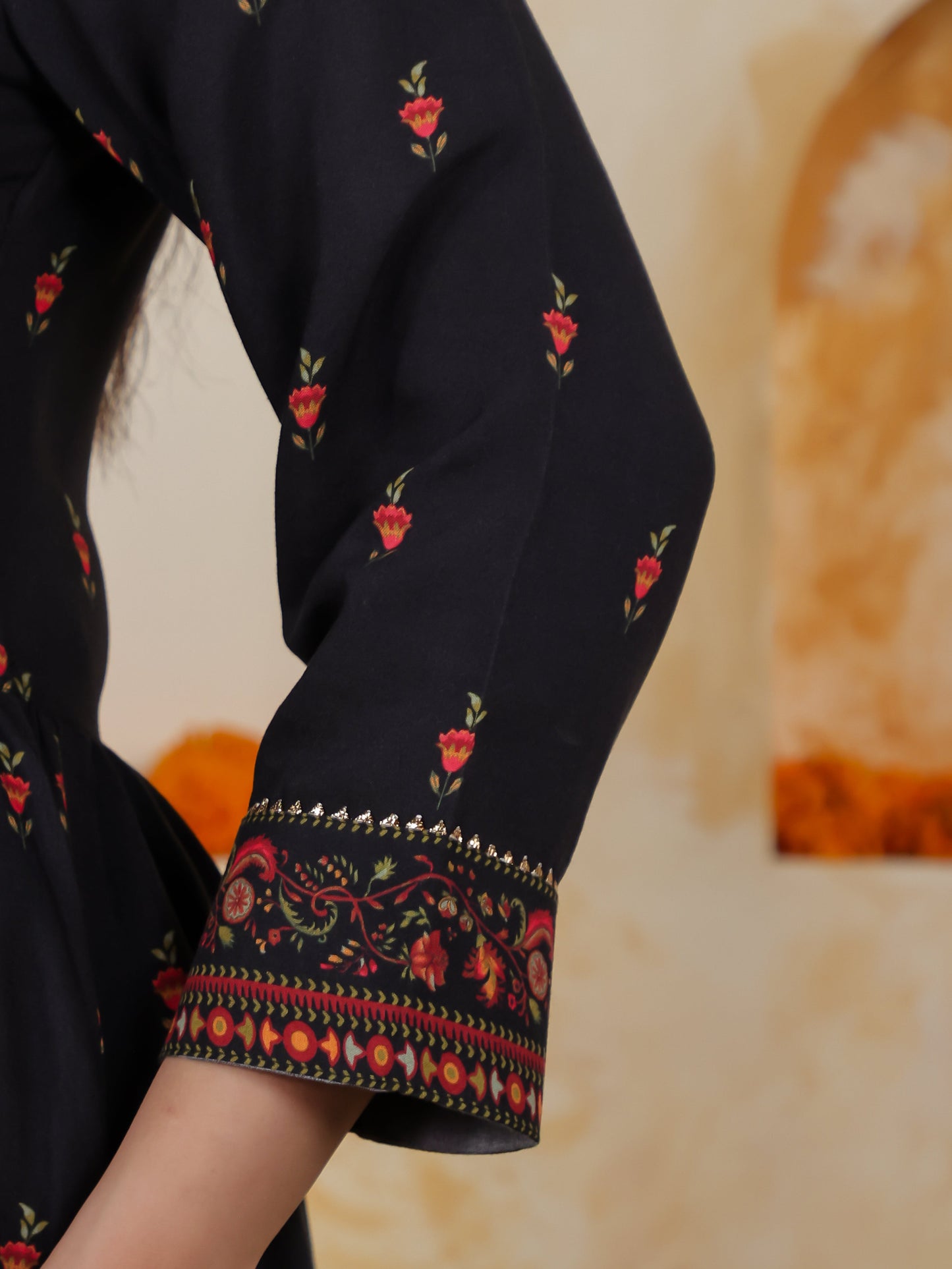 Viscose Floral Flared Black Kurta