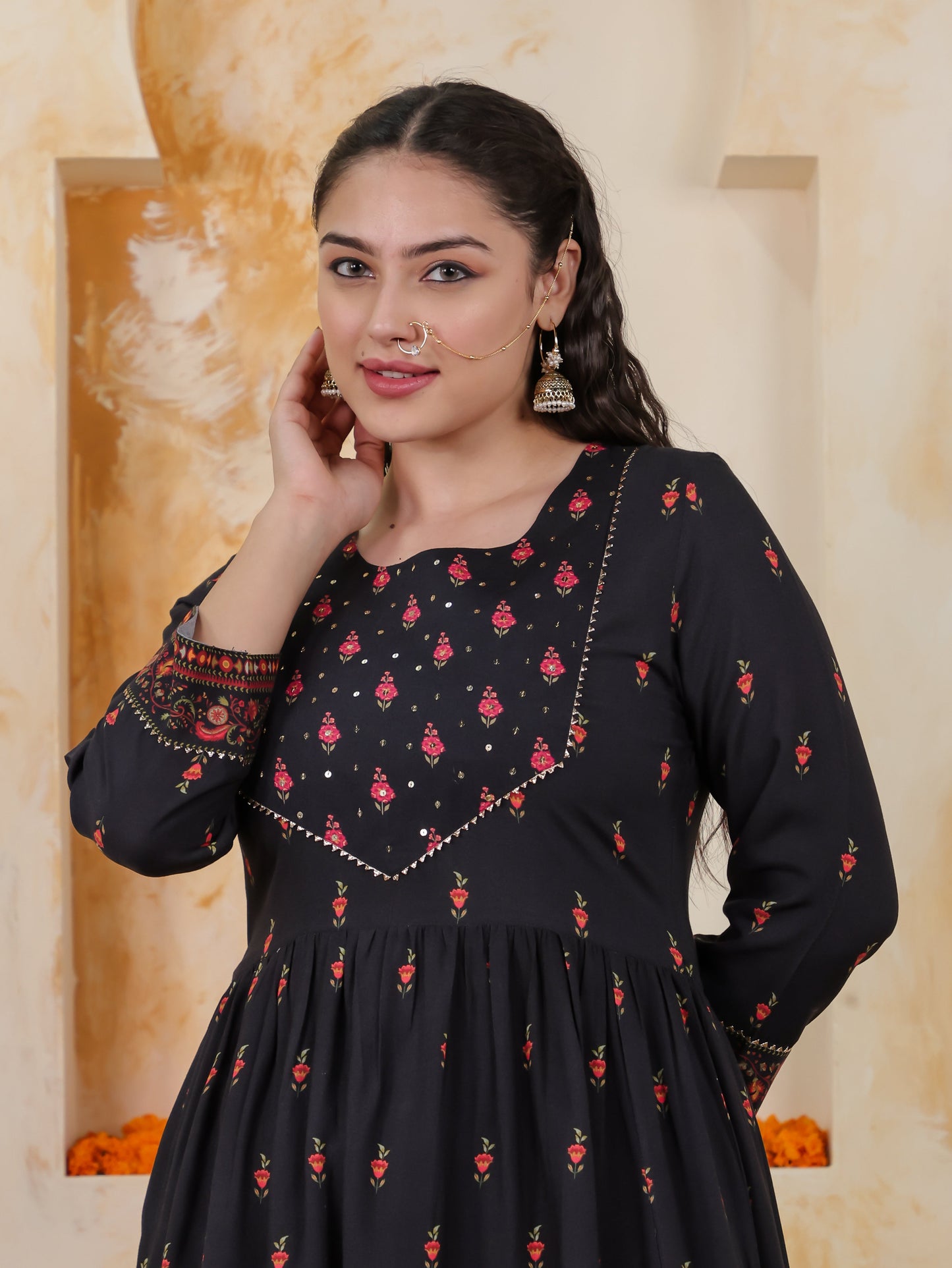 Viscose Floral Flared Black Kurta