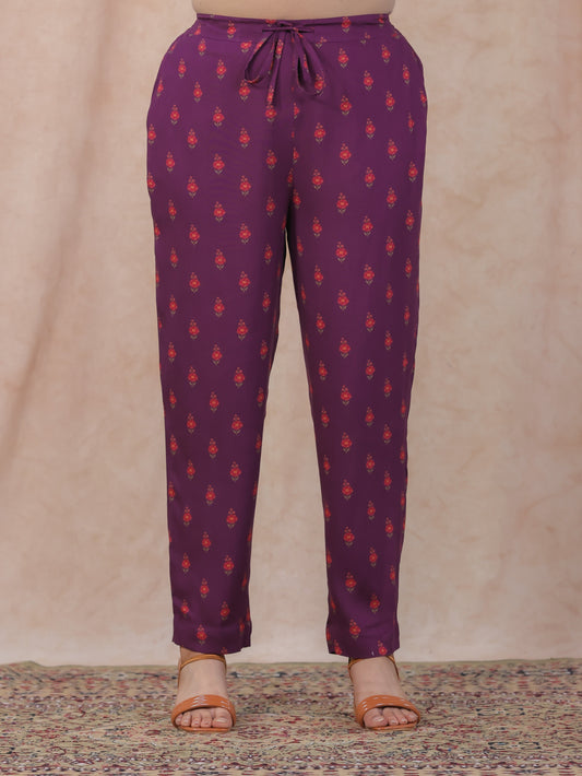 Viscose Floral Purple Tapered Trousers