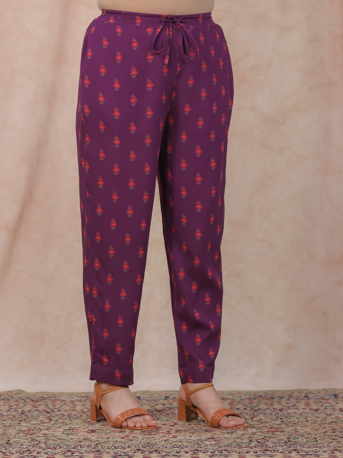 Viscose Floral Purple Tapered Trousers