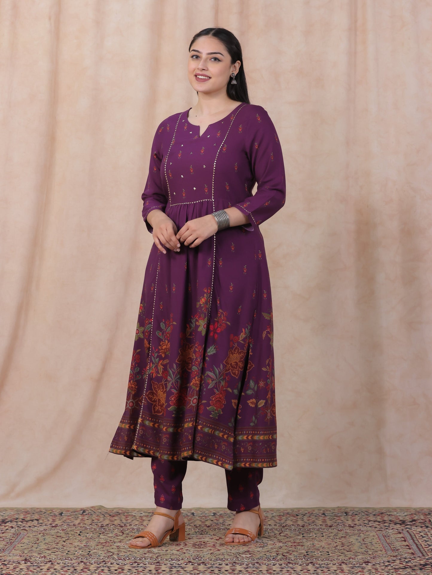 Embroidered Viscose Floral Flared Purple Kurta