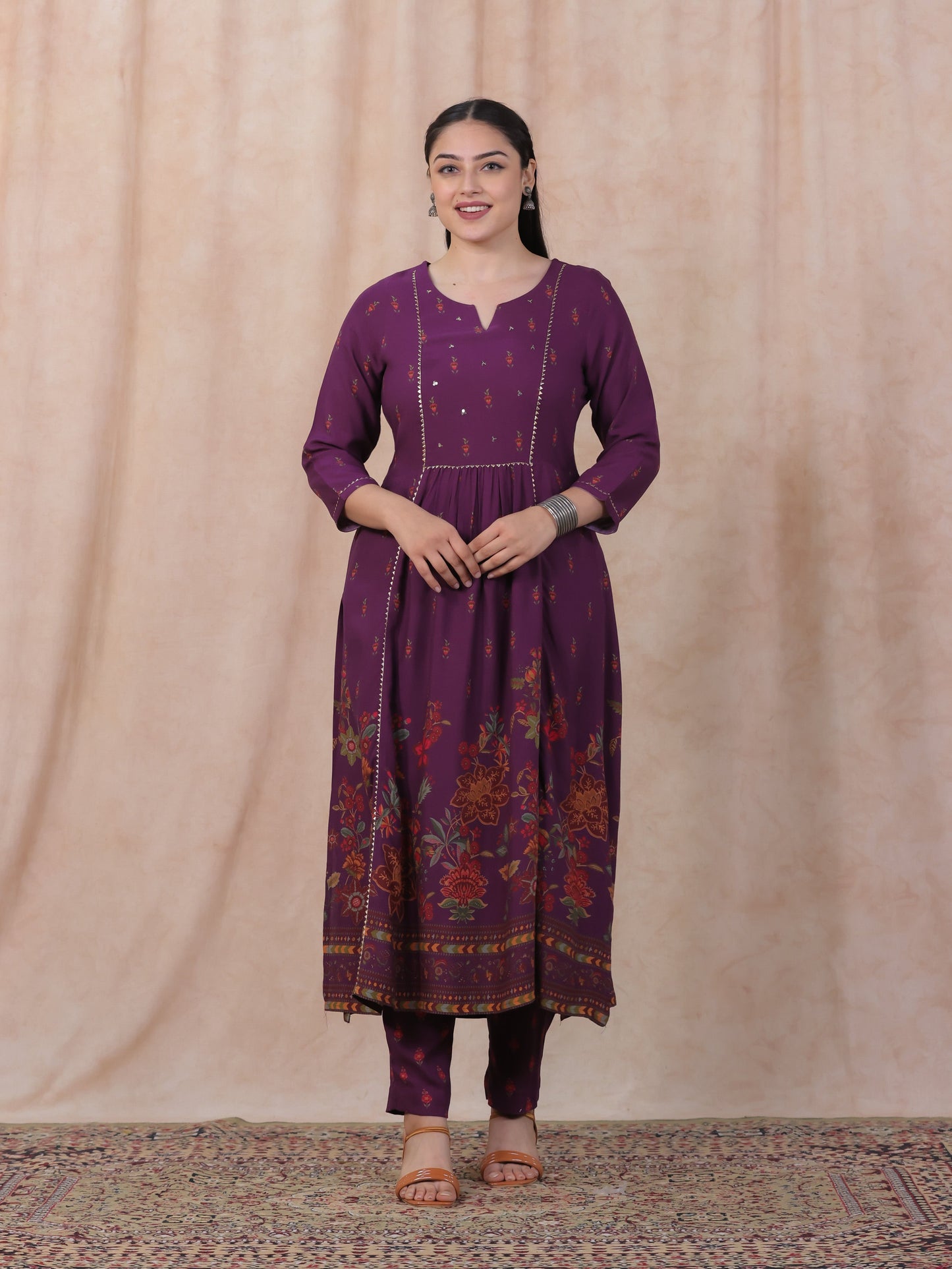Embroidered Viscose Floral Flared Purple Kurta