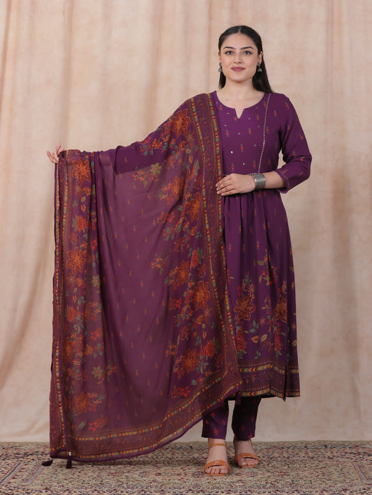 Embroidered Viscose Floral Flared Purple Kurta