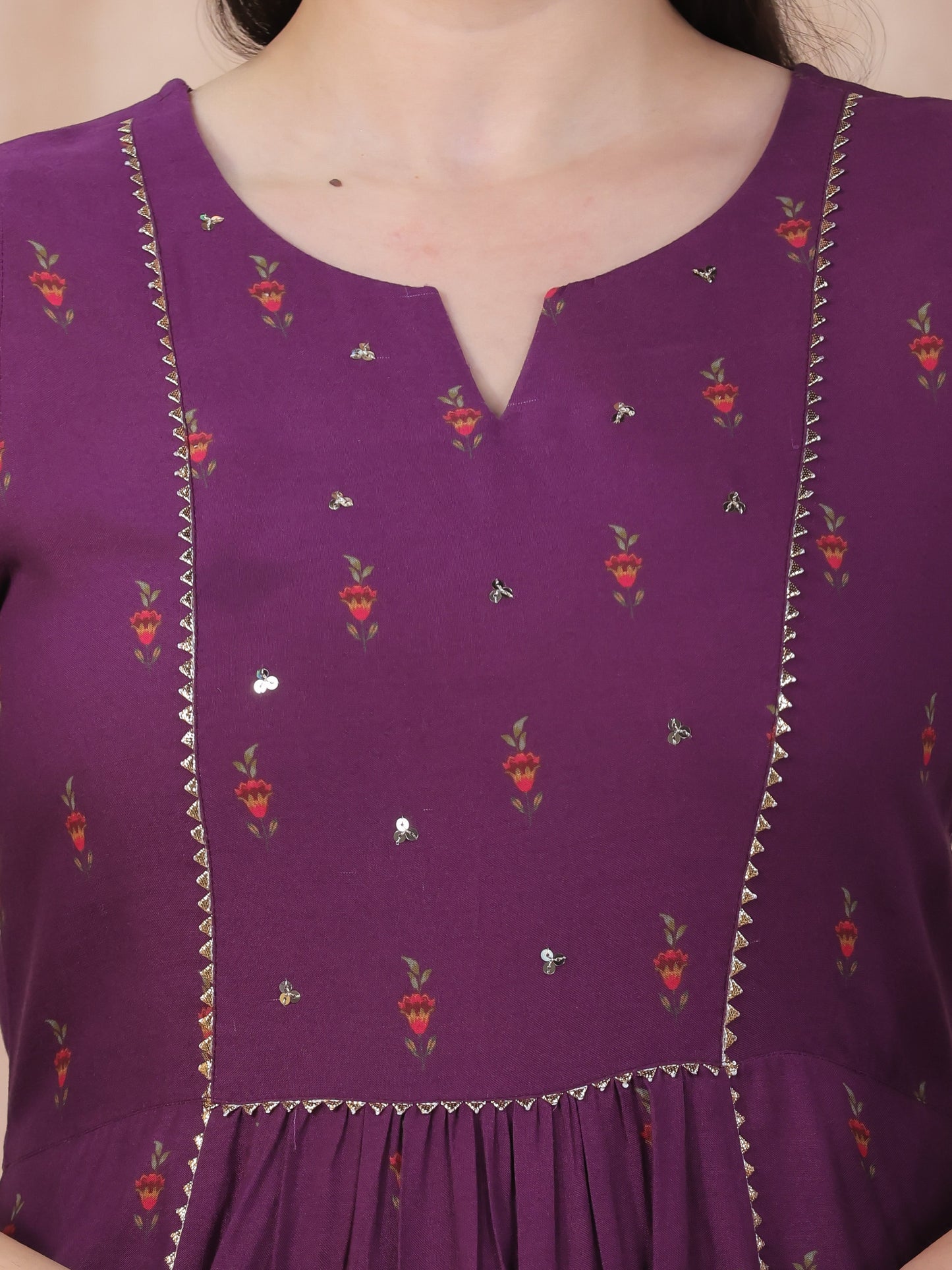 Embroidered Viscose Floral Flared Purple Kurta