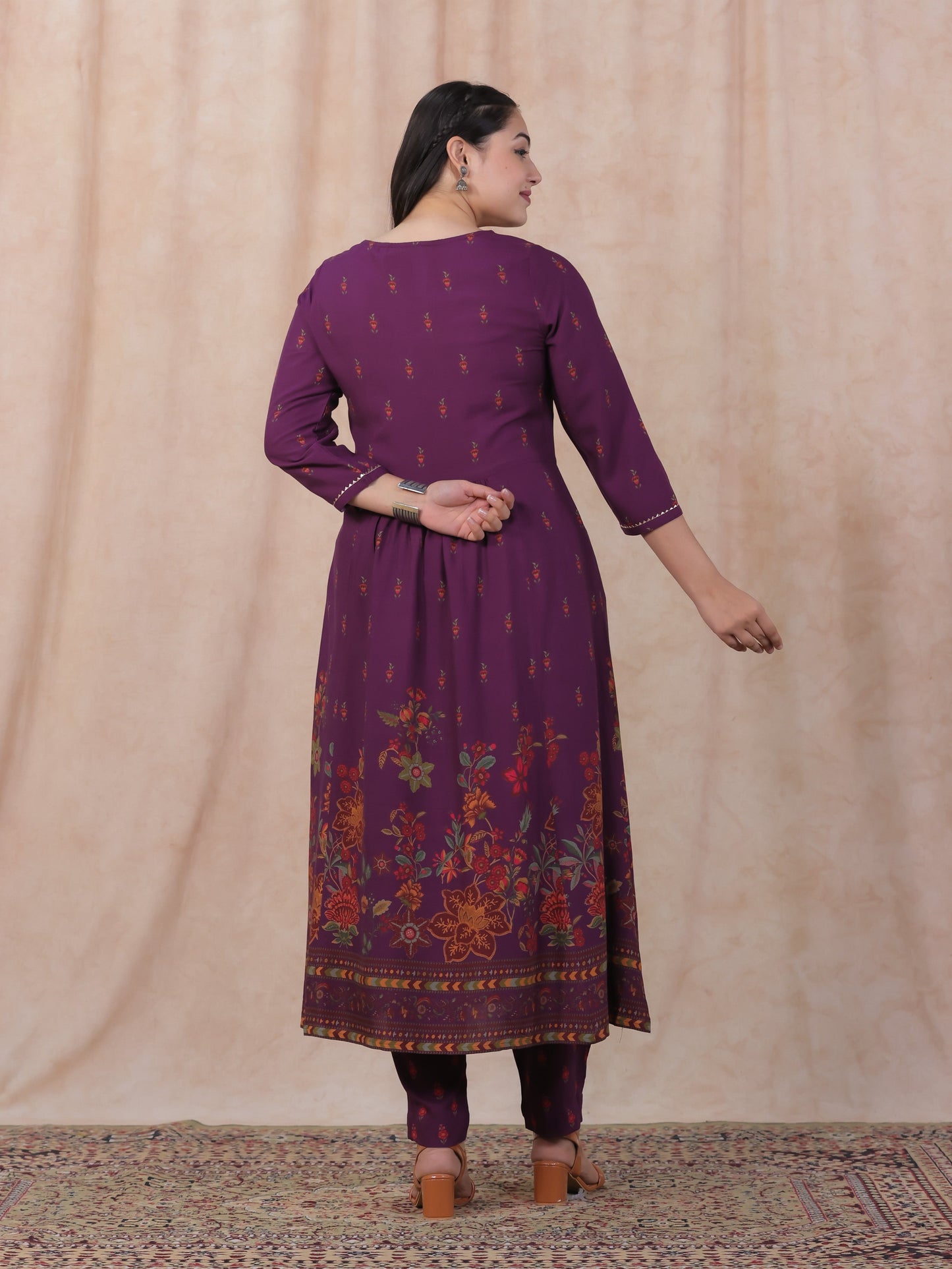Embroidered Viscose Floral Flared Purple Kurta