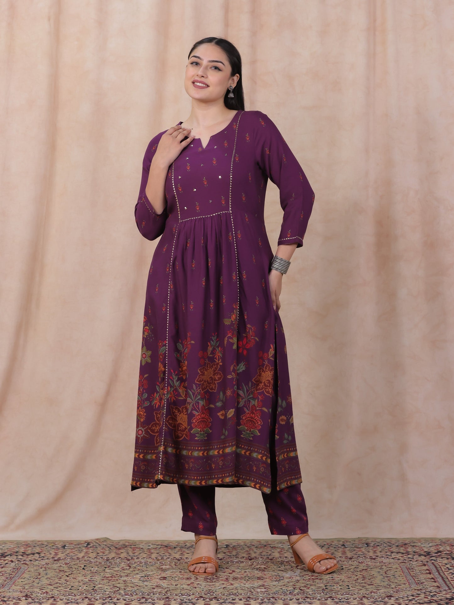 Embroidered Viscose Floral Flared Purple Kurta