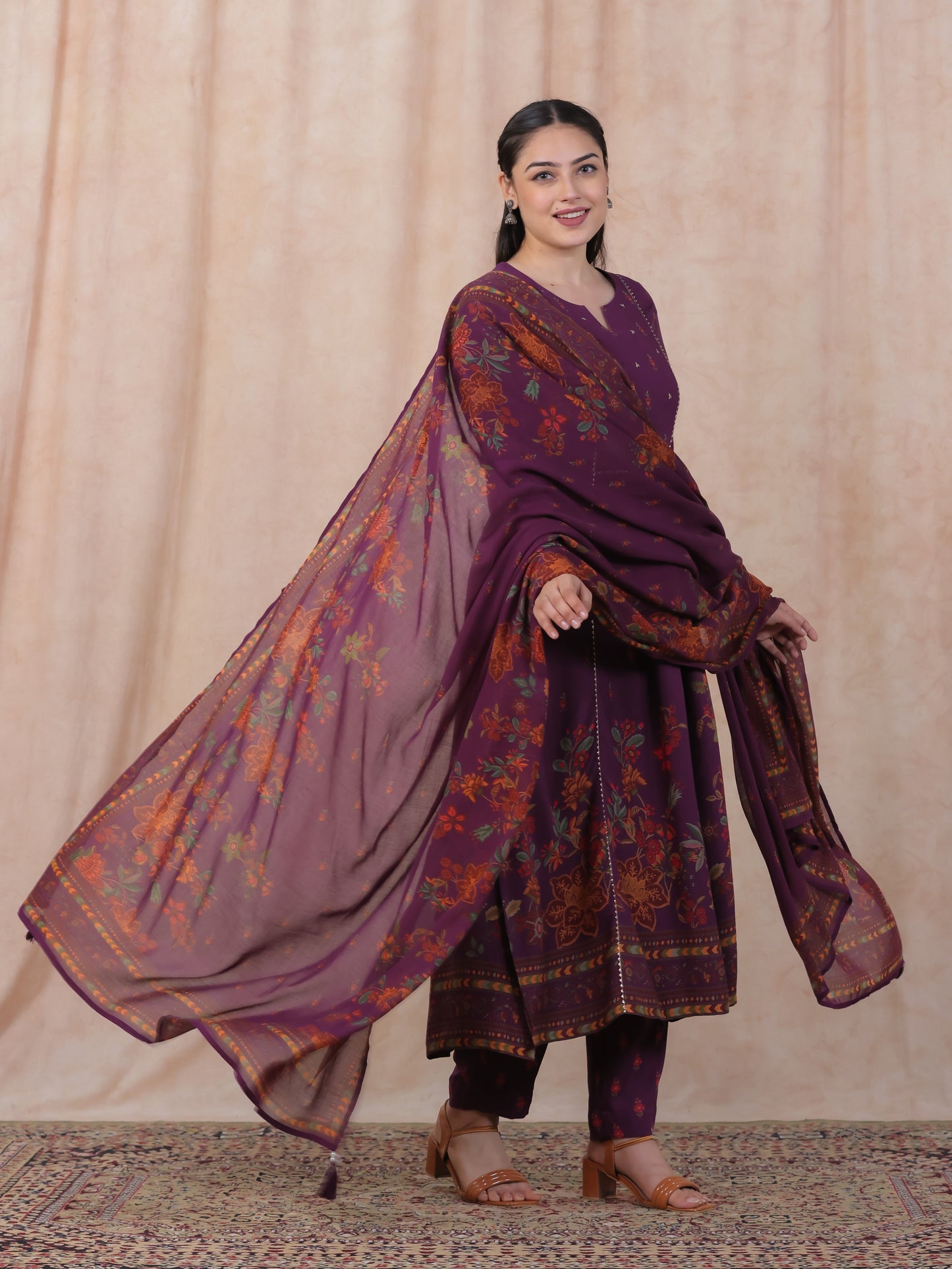 Embroidered Viscose Floral Flared Purple Kurta