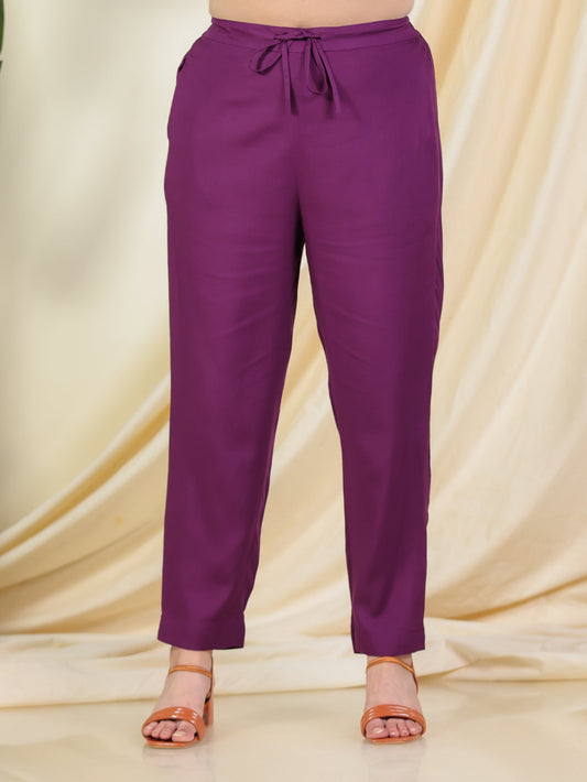 Viscose Solid Wine Tapered Trousers