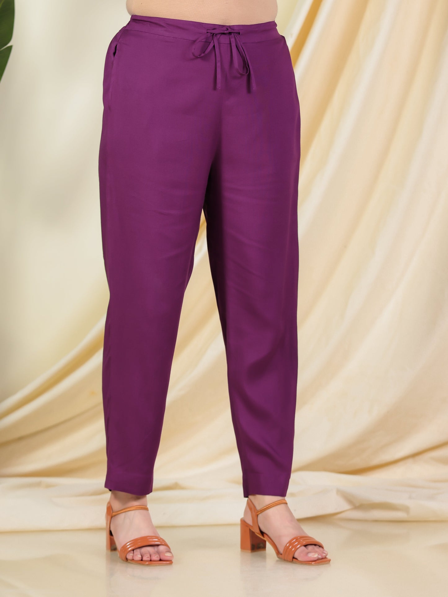 Viscose Solid Wine Tapered Trousers