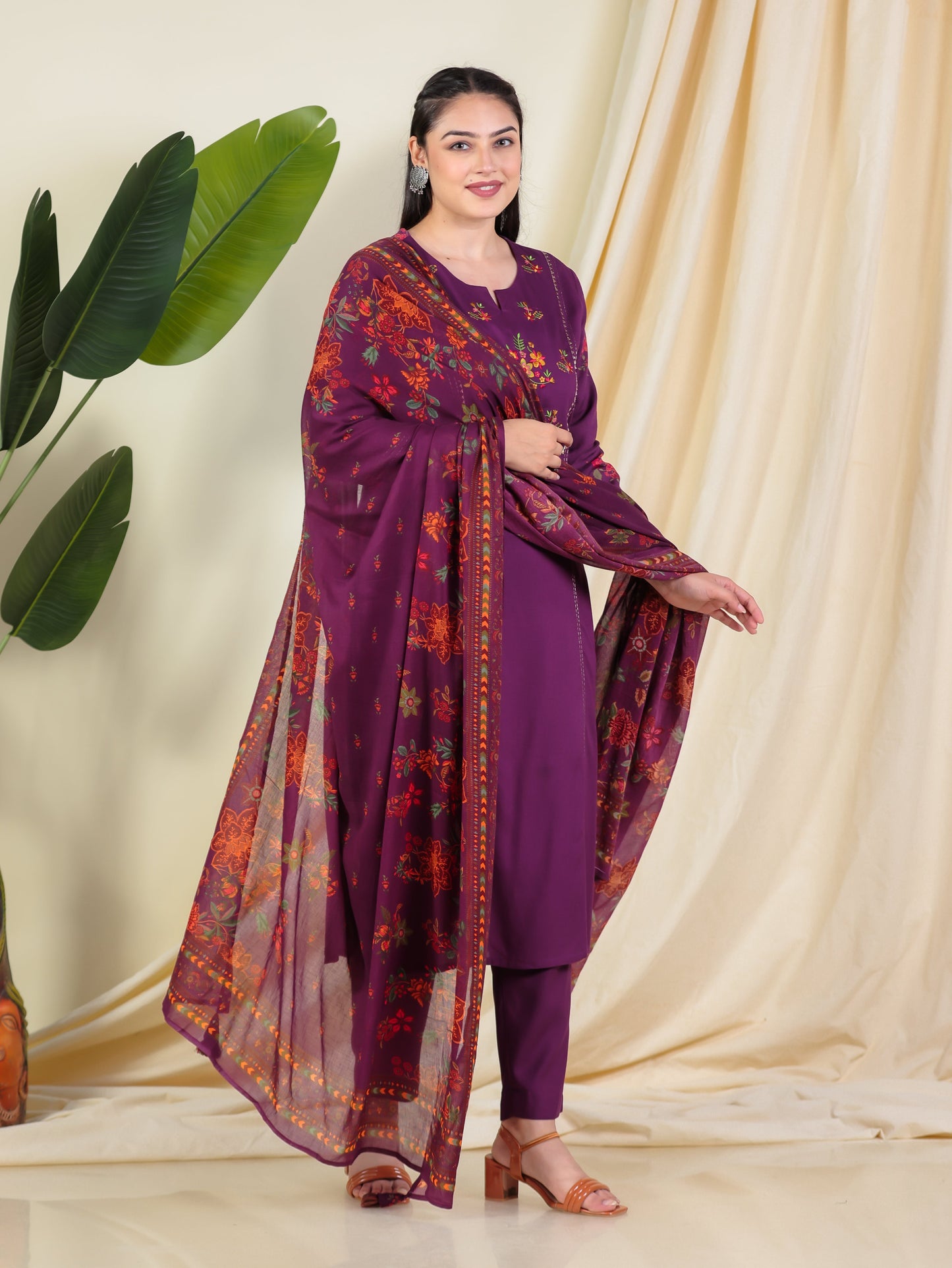 Cotton Voile Floral Wine Dupatta