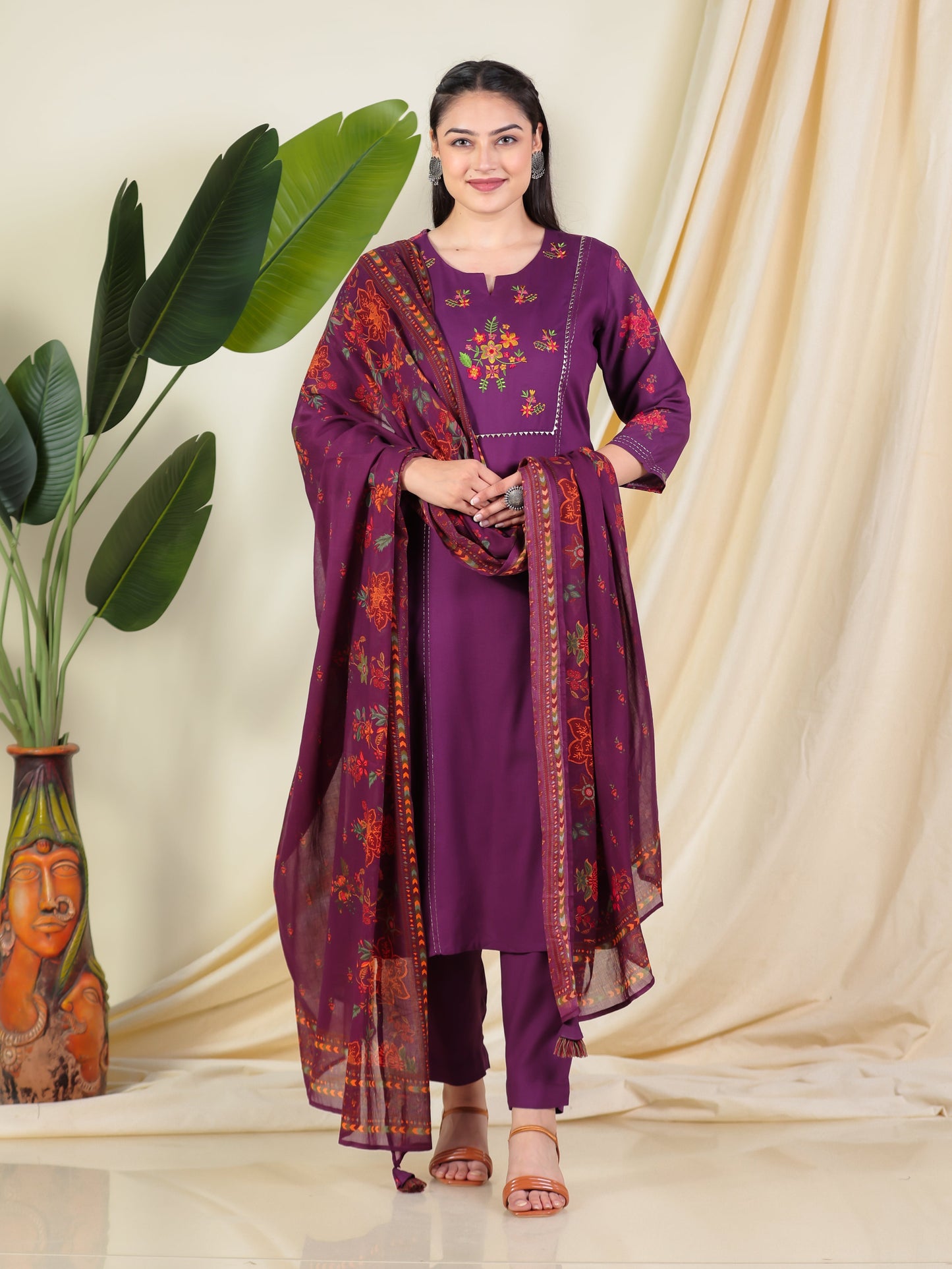 Cotton Voile Floral Wine Dupatta