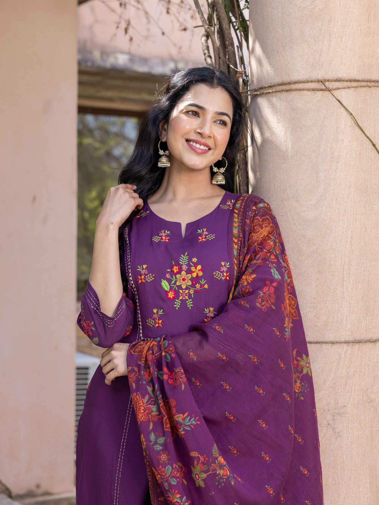Embroidered Viscose Solid Straight Wine Kurta