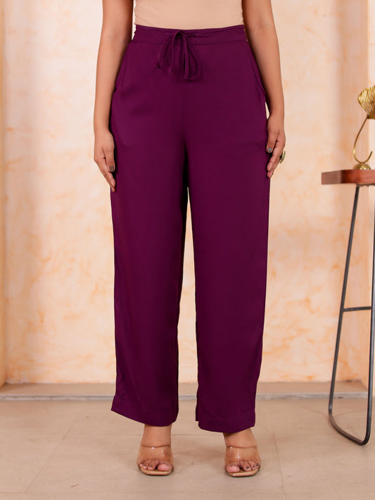 Viscose Solid Purple Straight Trousers