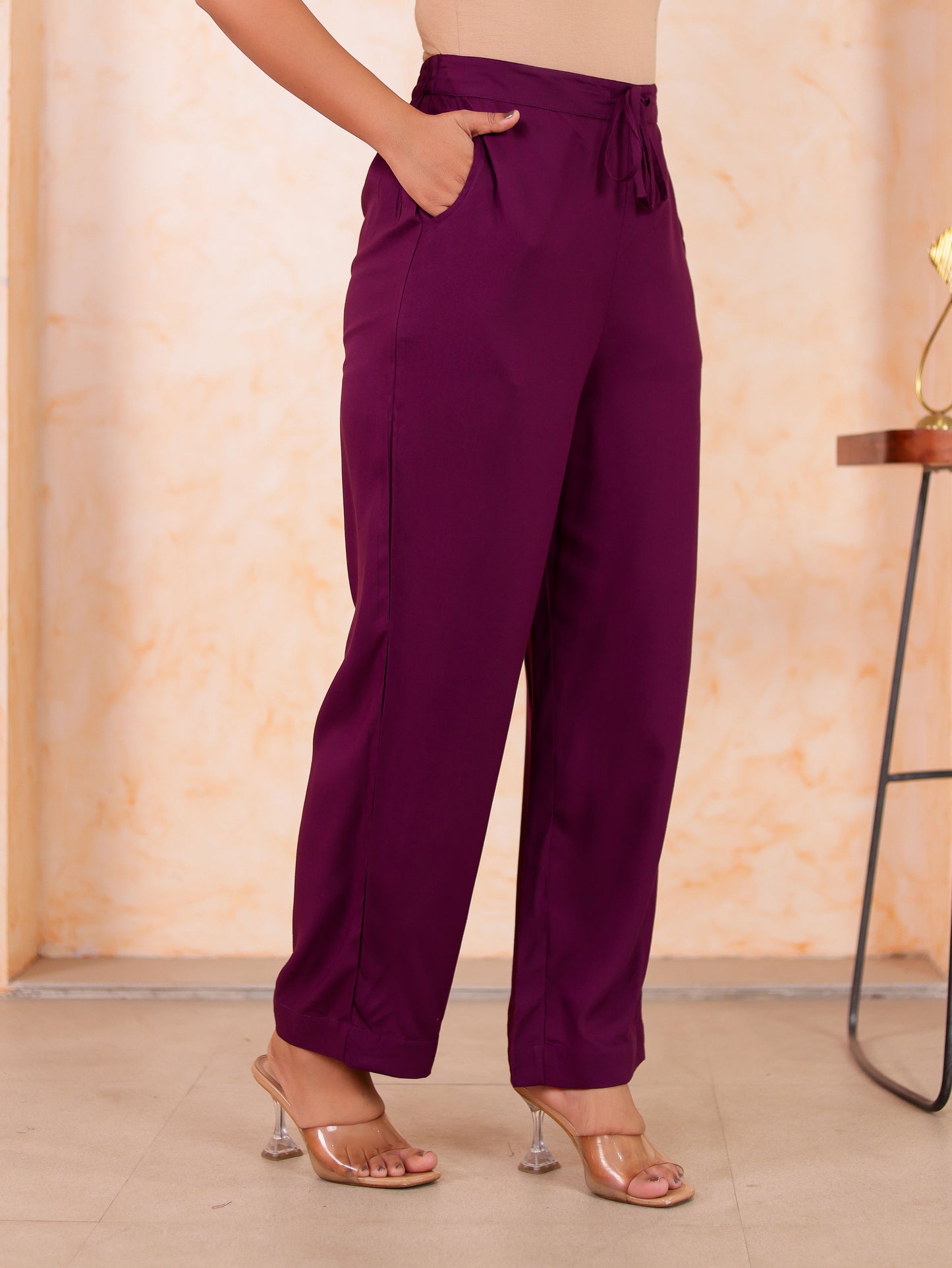 Viscose Solid Purple Straight Trousers