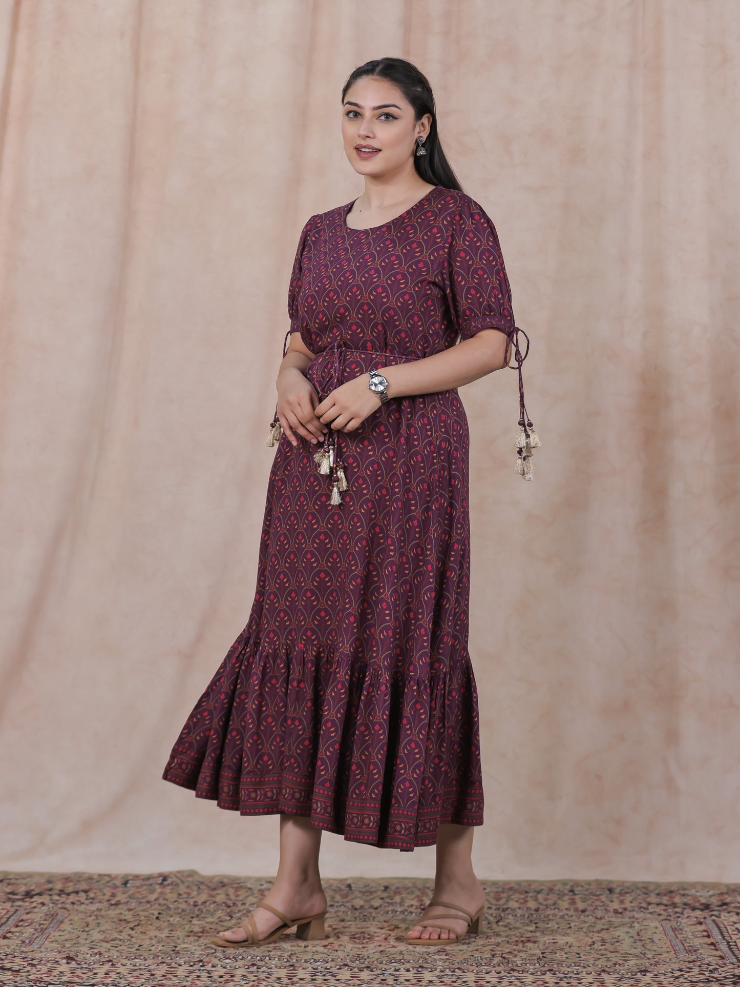 Viscose Floral Flared Wine Dress